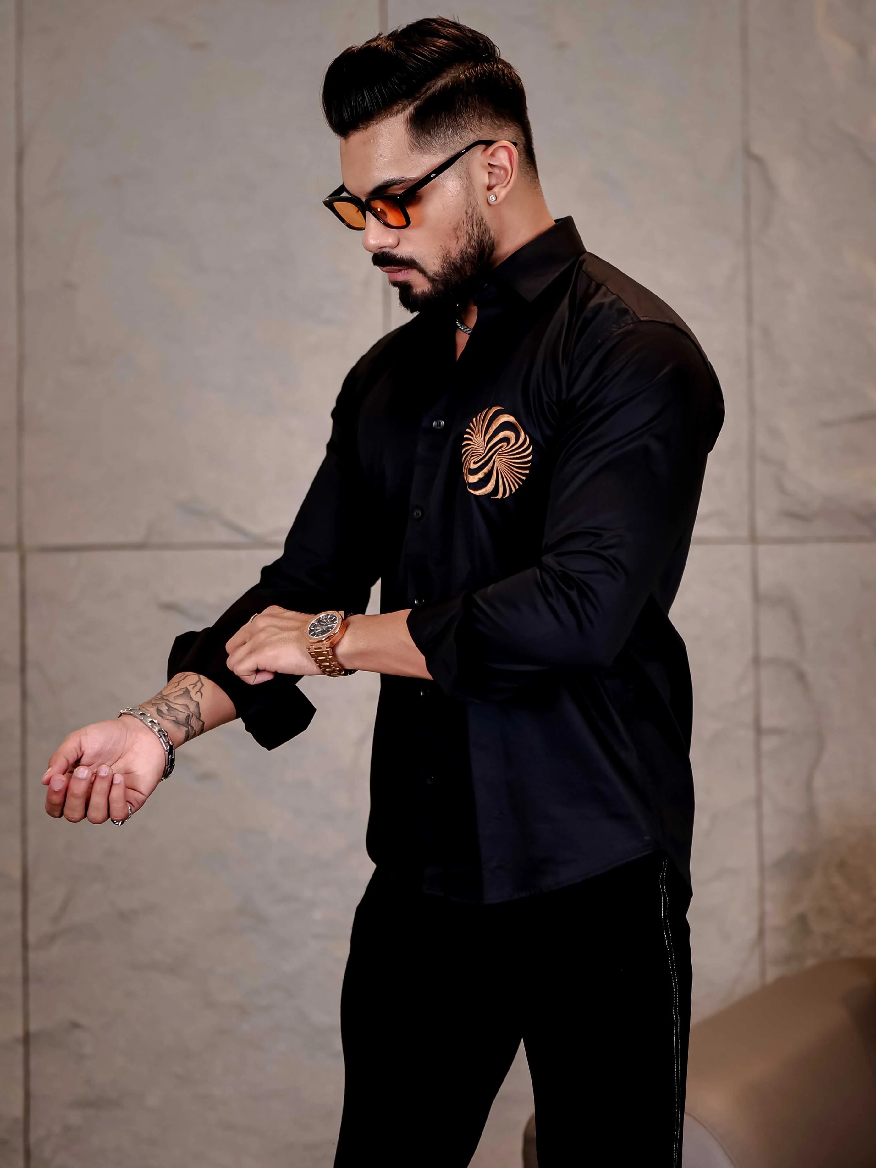Black Money Attract Embroidered Premium Cotton Shirt For Men - Image 8