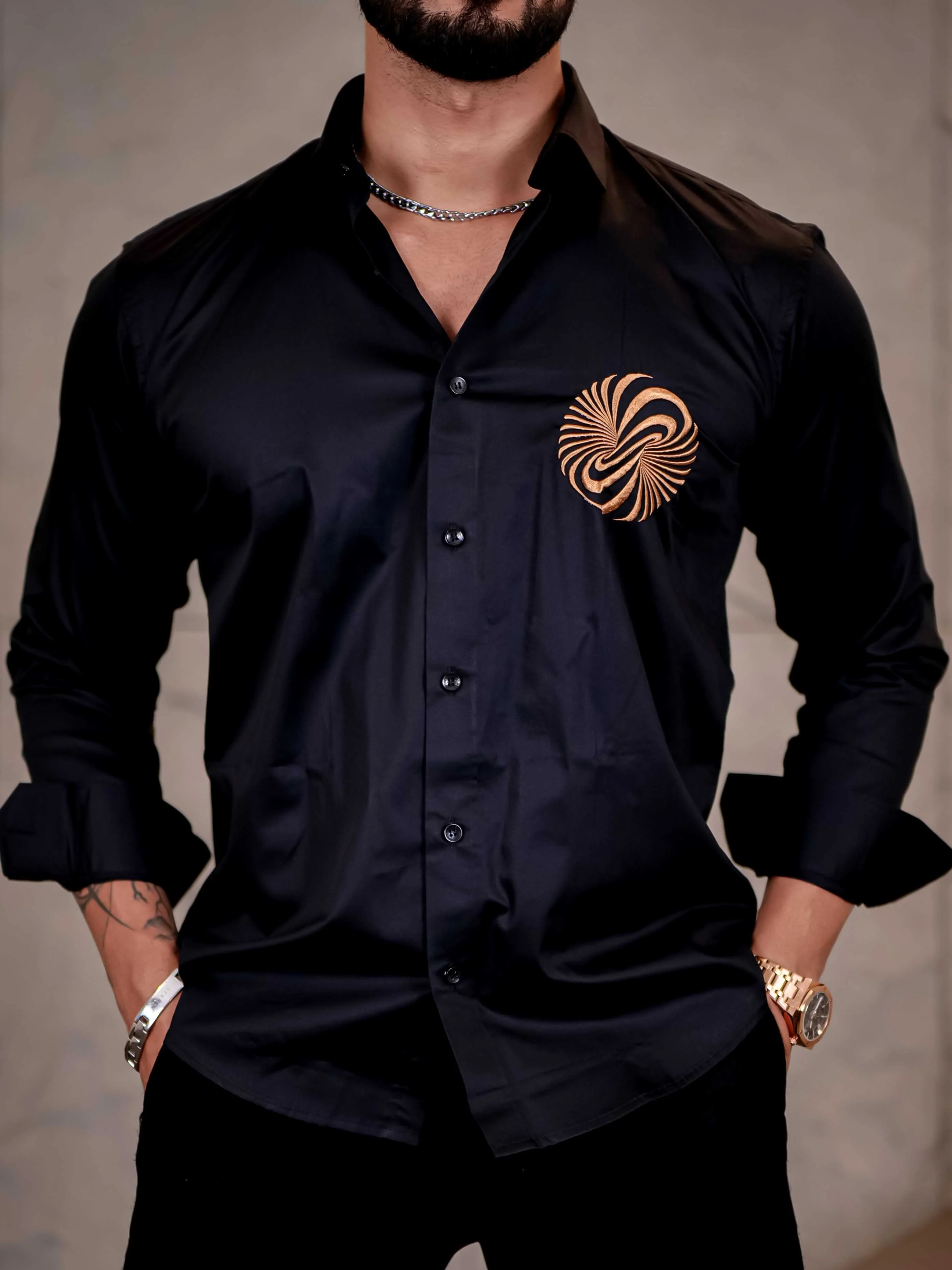 Black Money Attract Embroidered Premium Cotton Shirt For Men - Image 9