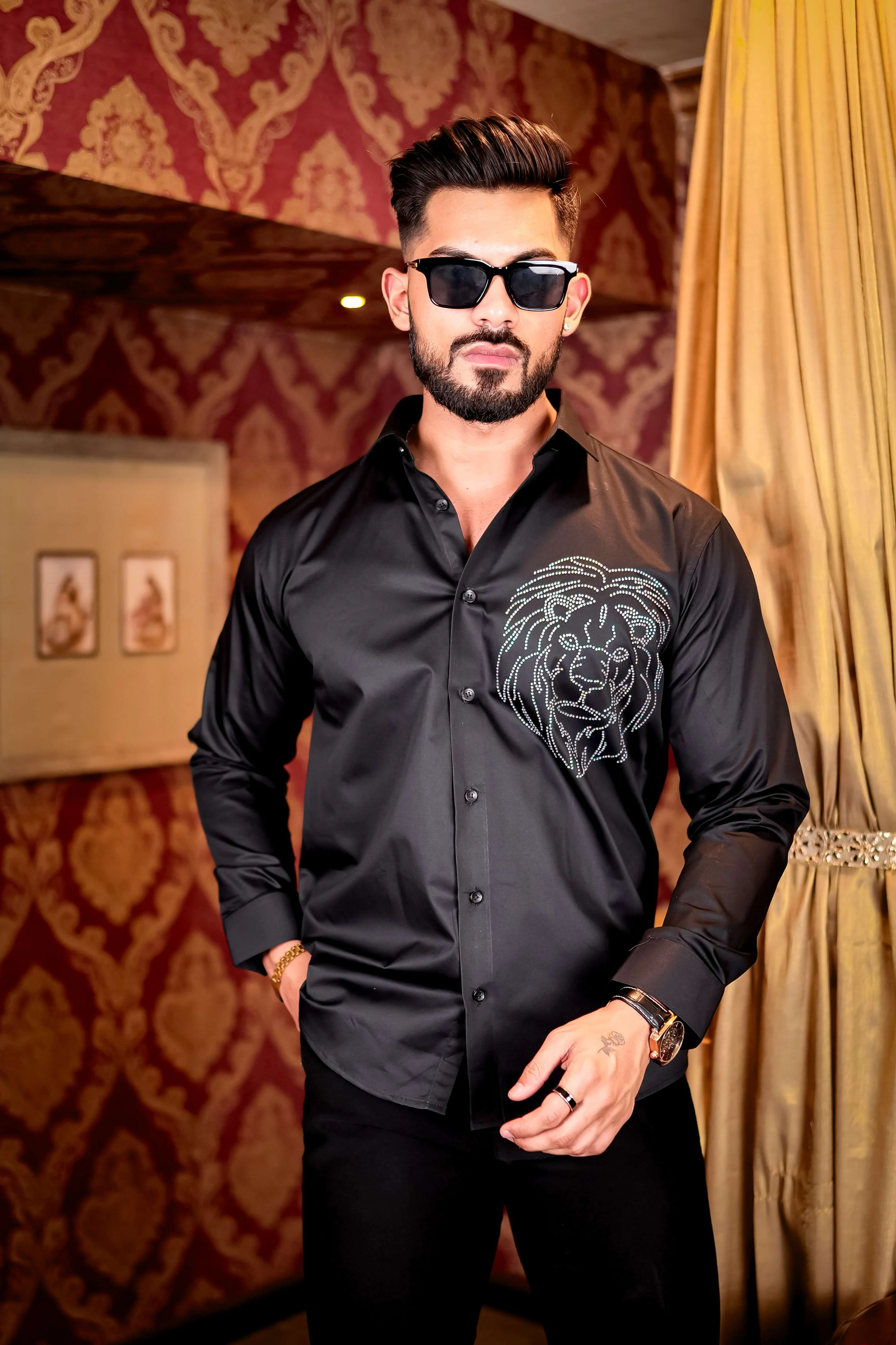 Black Mufasa Starry Beaded Satin Cotton Premium Party Shirt - Image 11