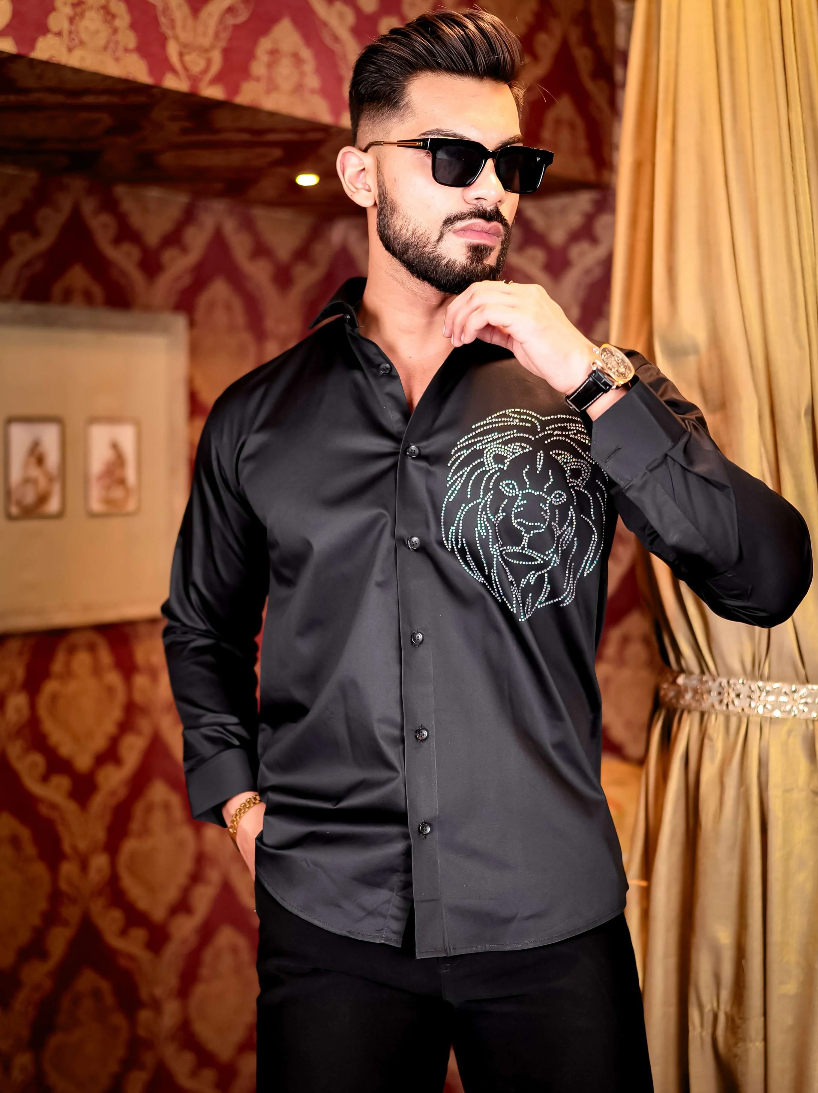 Black Mufasa Starry Beaded Satin Cotton Premium Party Shirt - Image 4
