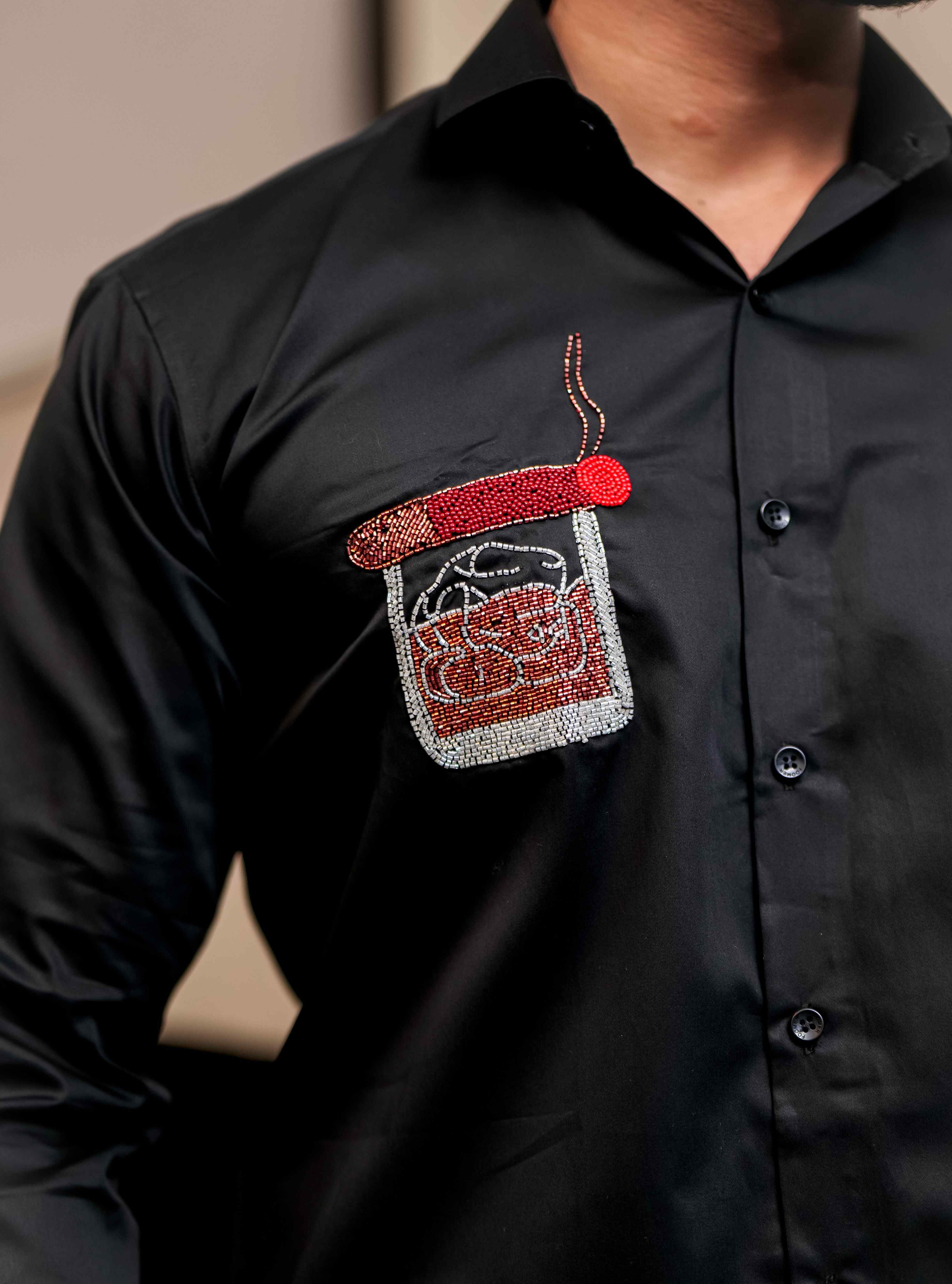 Black Rhinestone Hand Work Satin Cotton Premium Shirt - Image 2