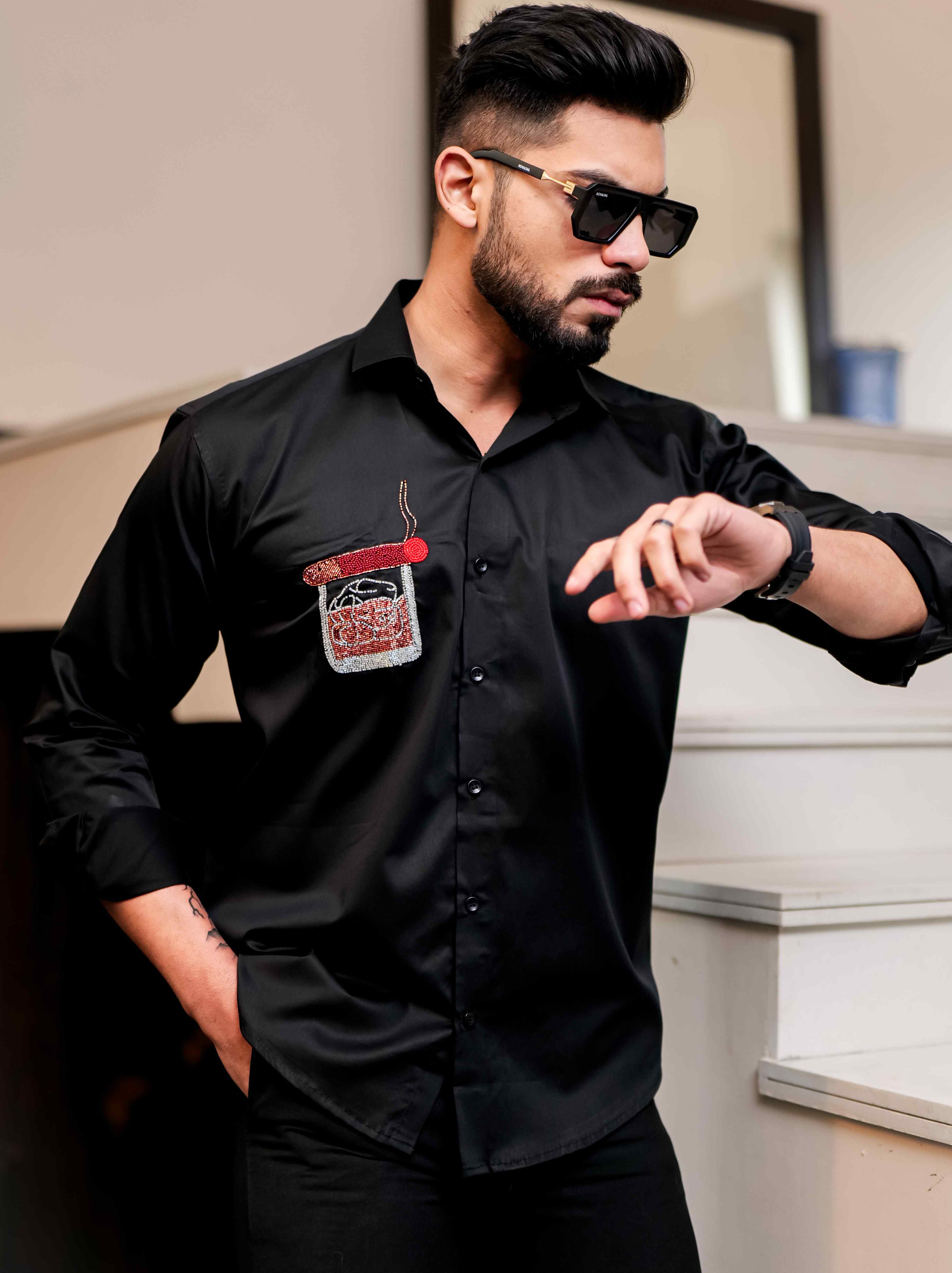 Black Rhinestone Hand Work Satin Cotton Premium Shirt - Image 6