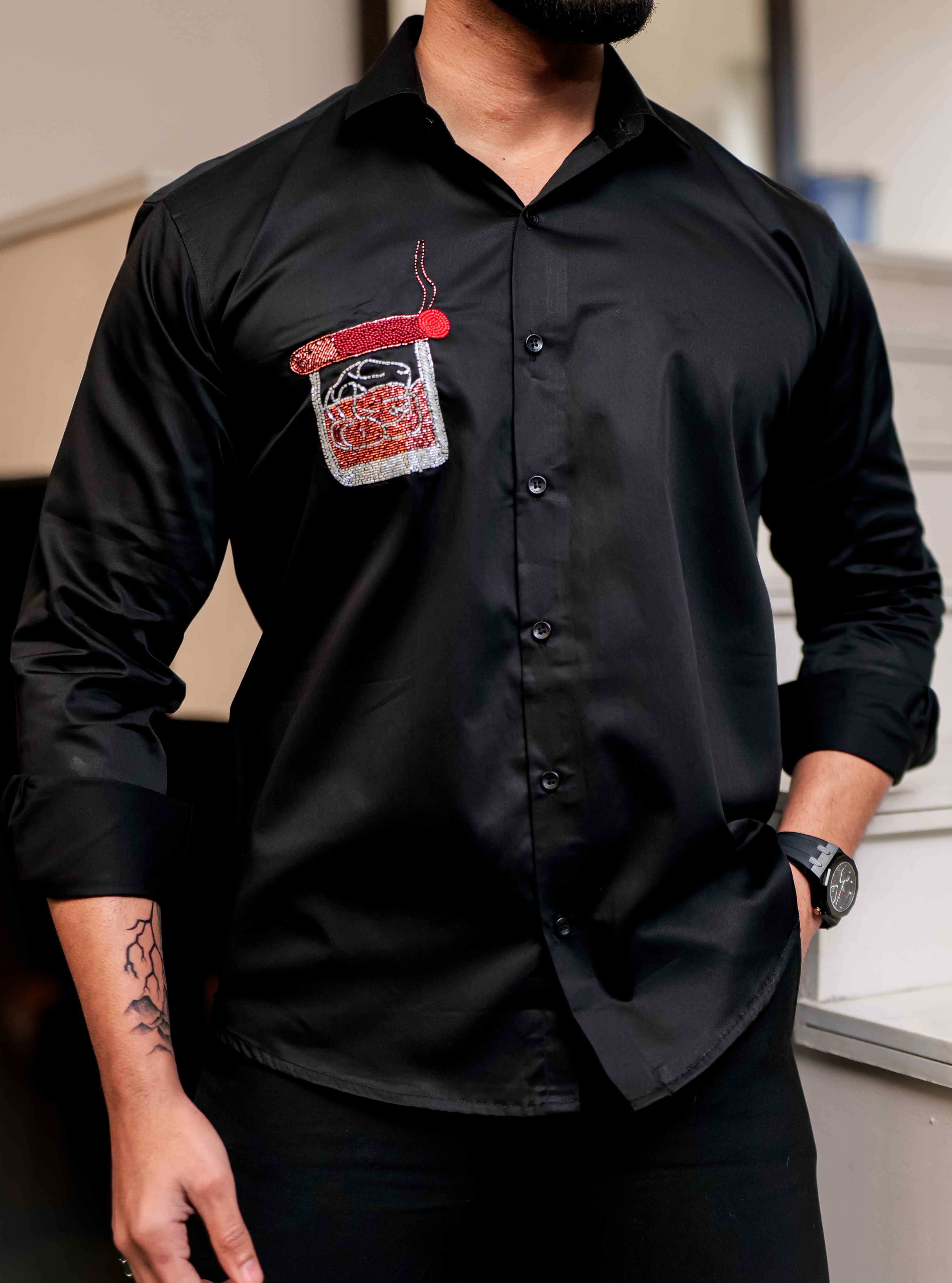 Black Rhinestone Hand Work Satin Cotton Premium Shirt - Image 7