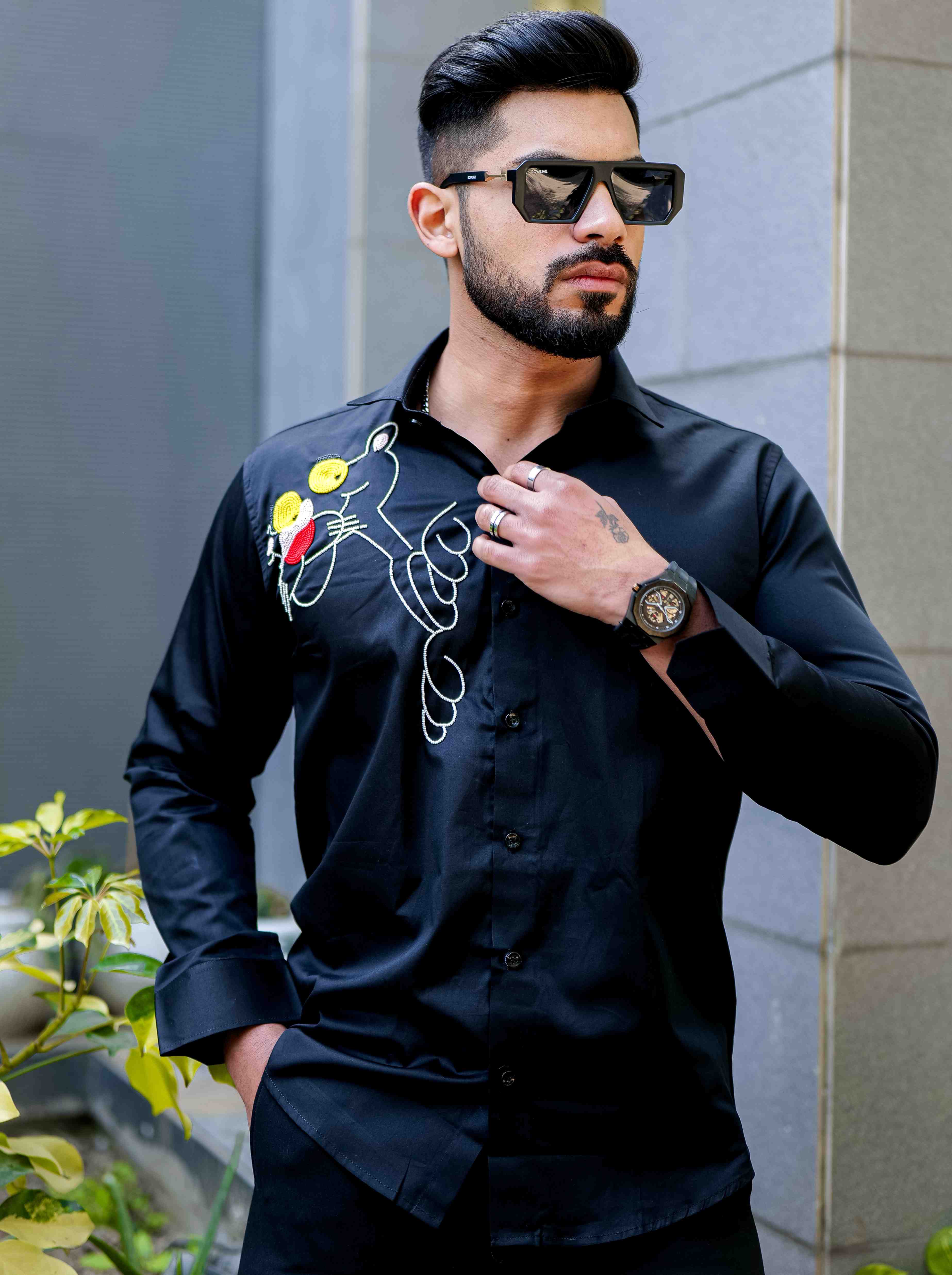 Black Rhinestone Party Satin Cotton Premium Shirt - Image 11