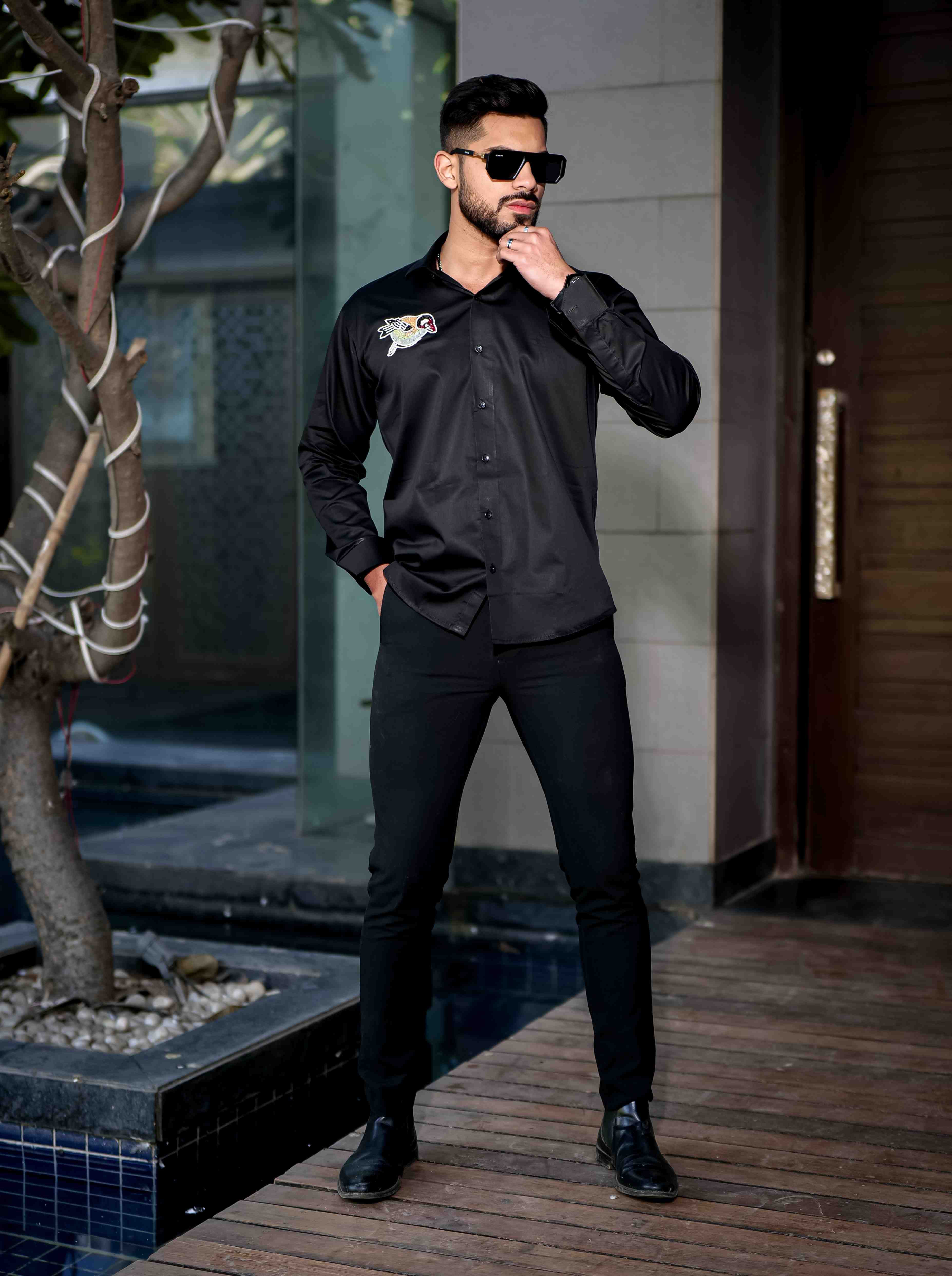 Black Rhinestone Party Satin Cotton Premium Shirt - Image 3