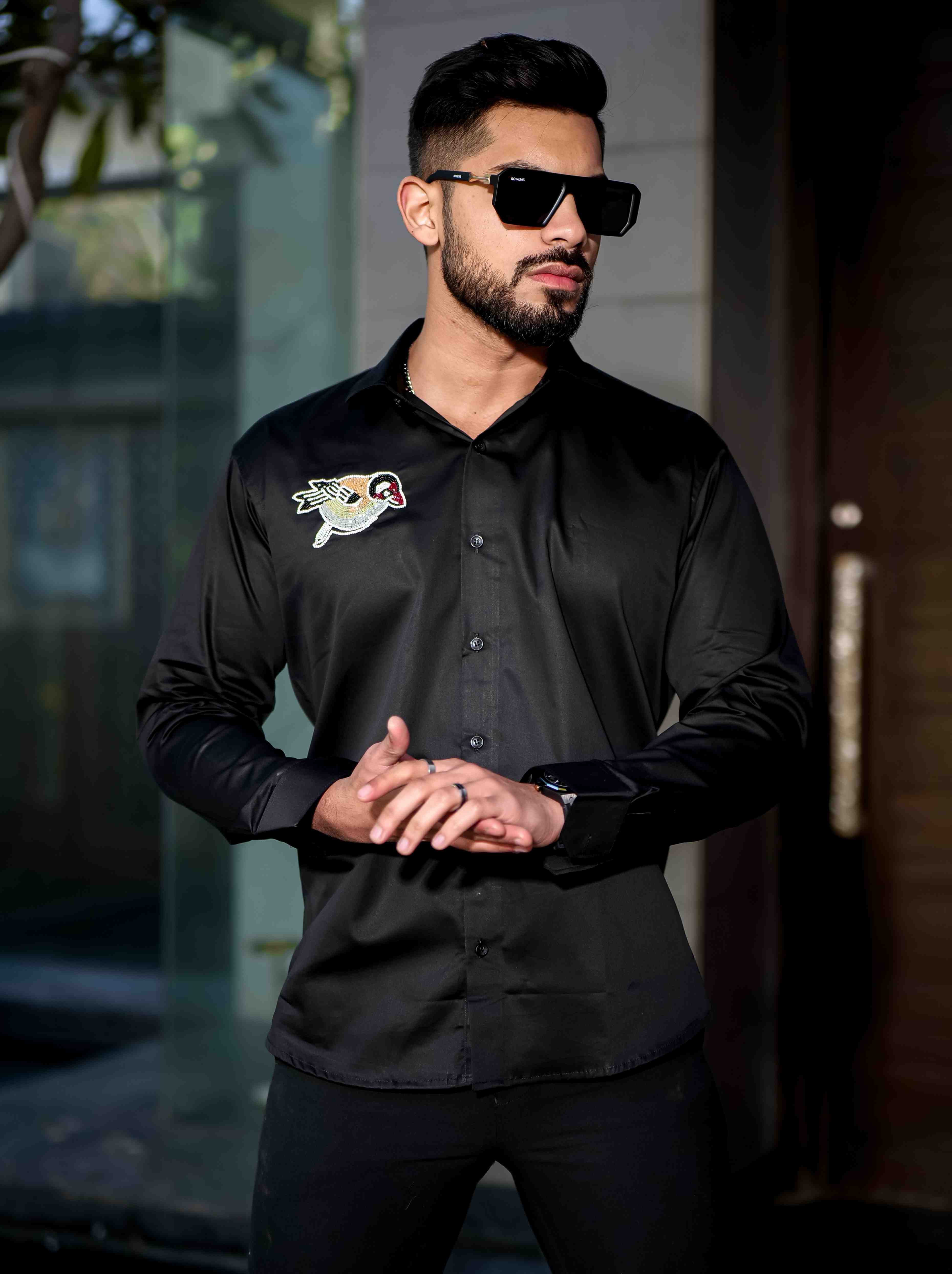 Black Rhinestone Party Satin Cotton Premium Shirt - Image 4