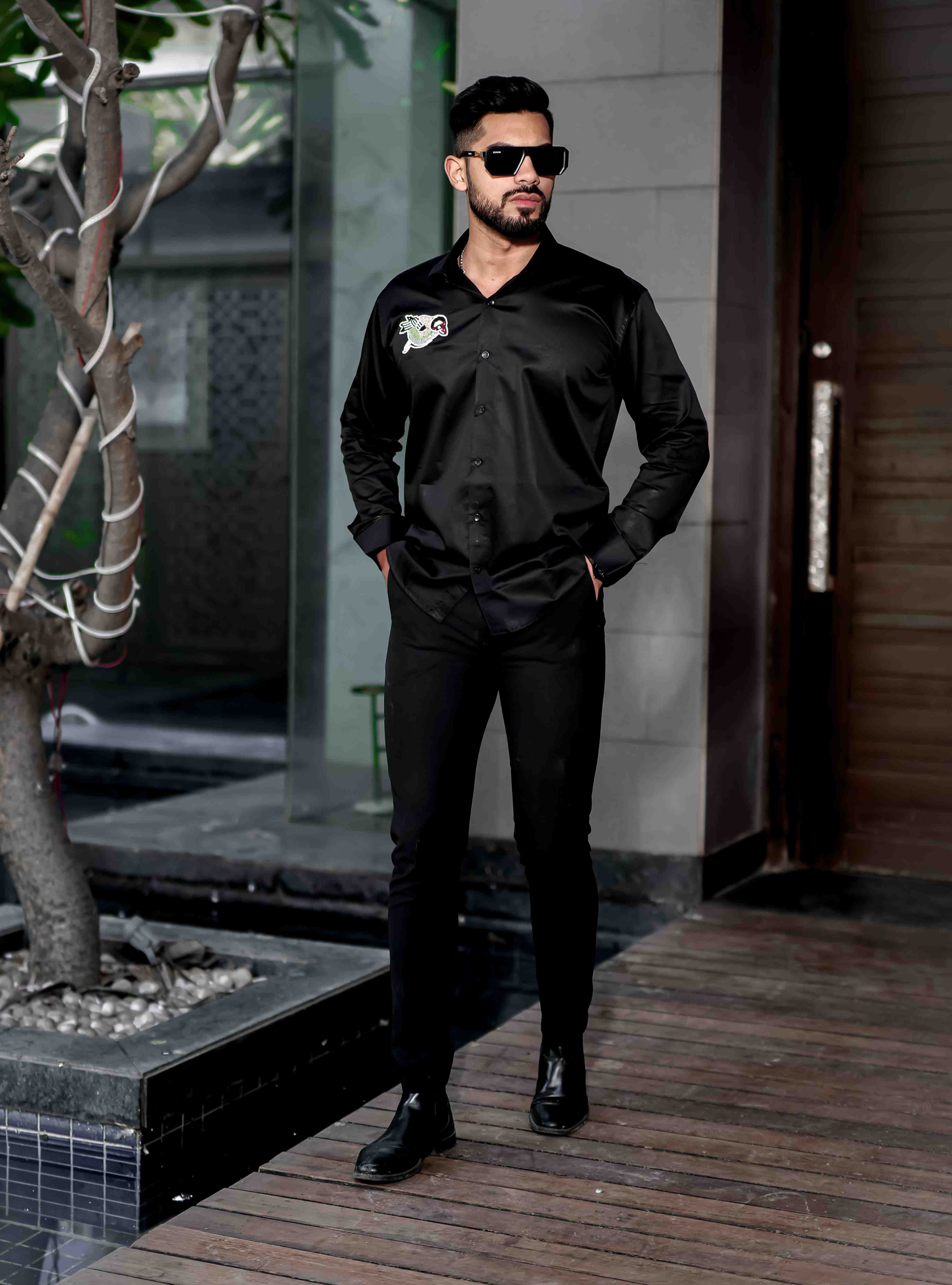 Black Rhinestone Party Satin Cotton Premium Shirt - Image 5
