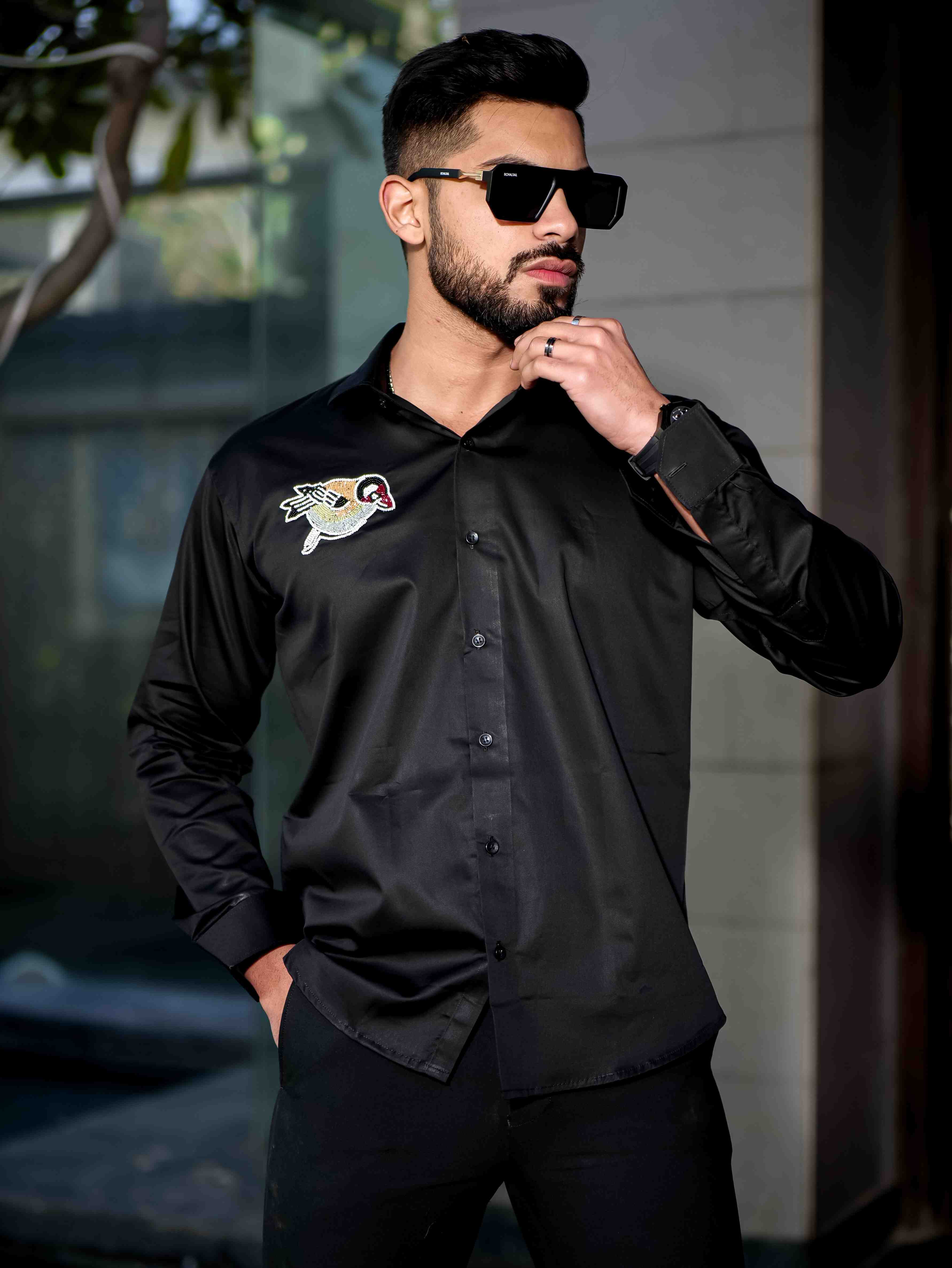 Black Rhinestone Party Satin Cotton Premium Shirt - Image 7