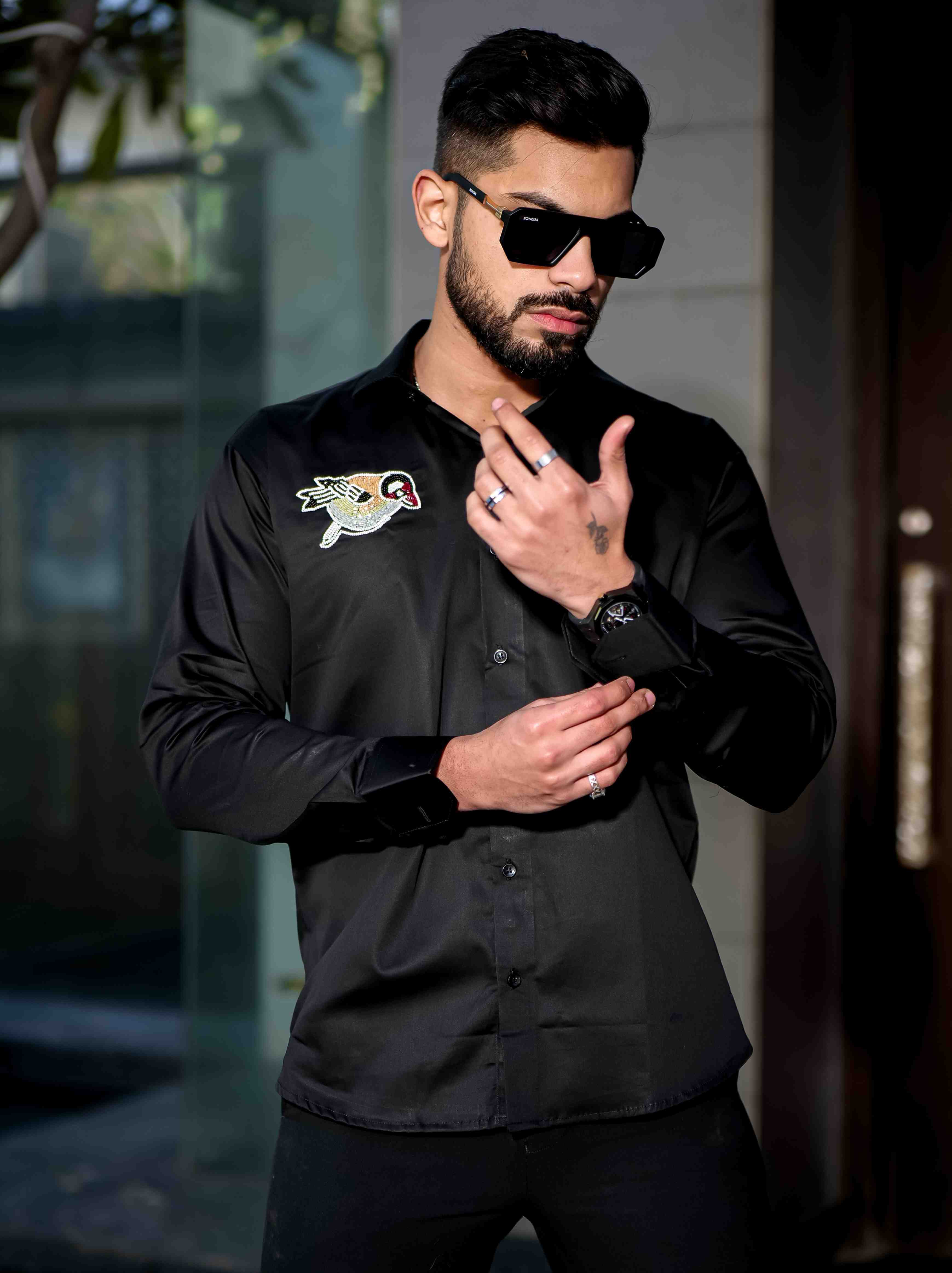 Black Rhinestone Party Satin Cotton Premium Shirt - Image 8