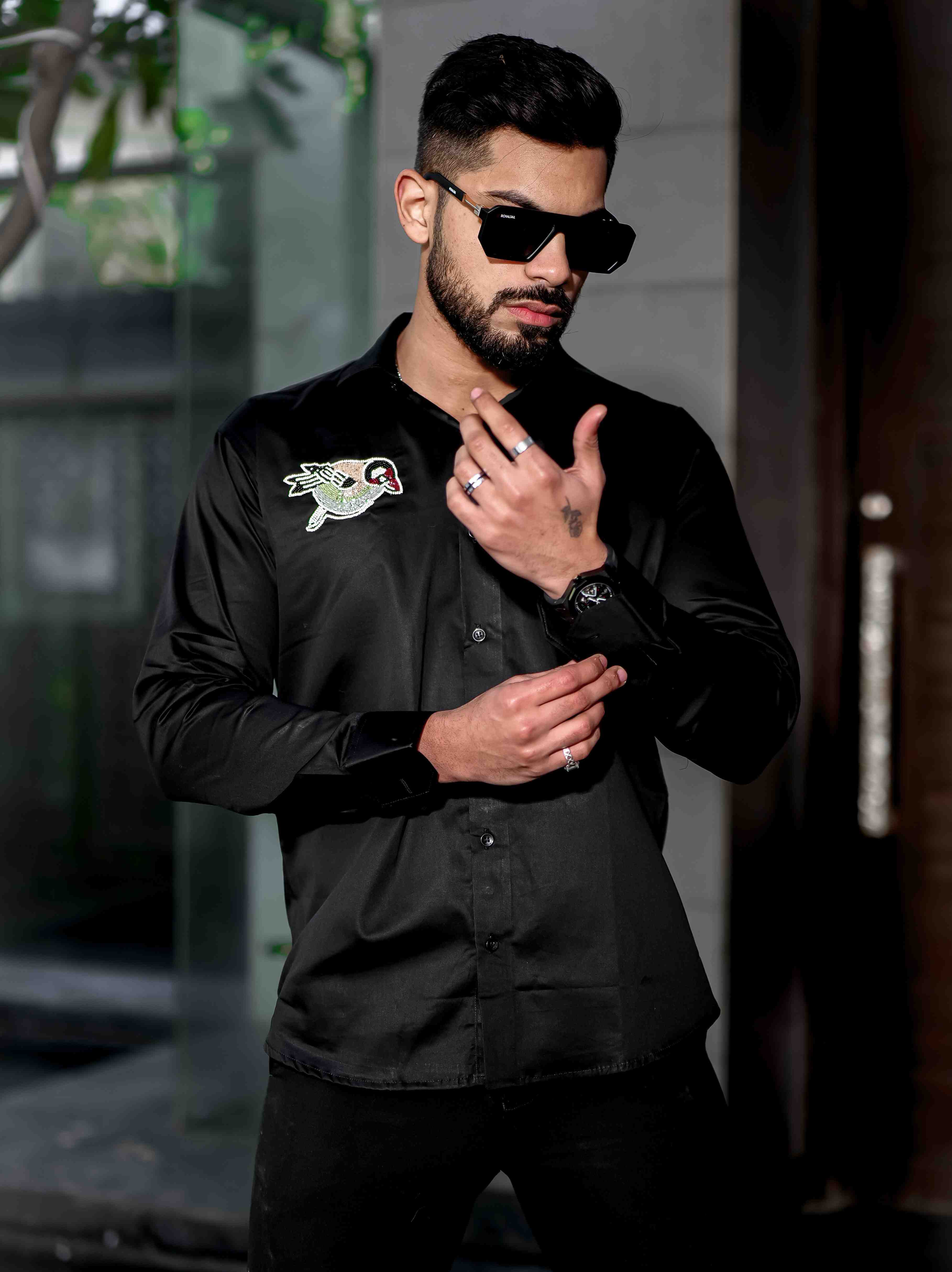 Black Rhinestone Party Satin Cotton Premium Shirt - Image 9