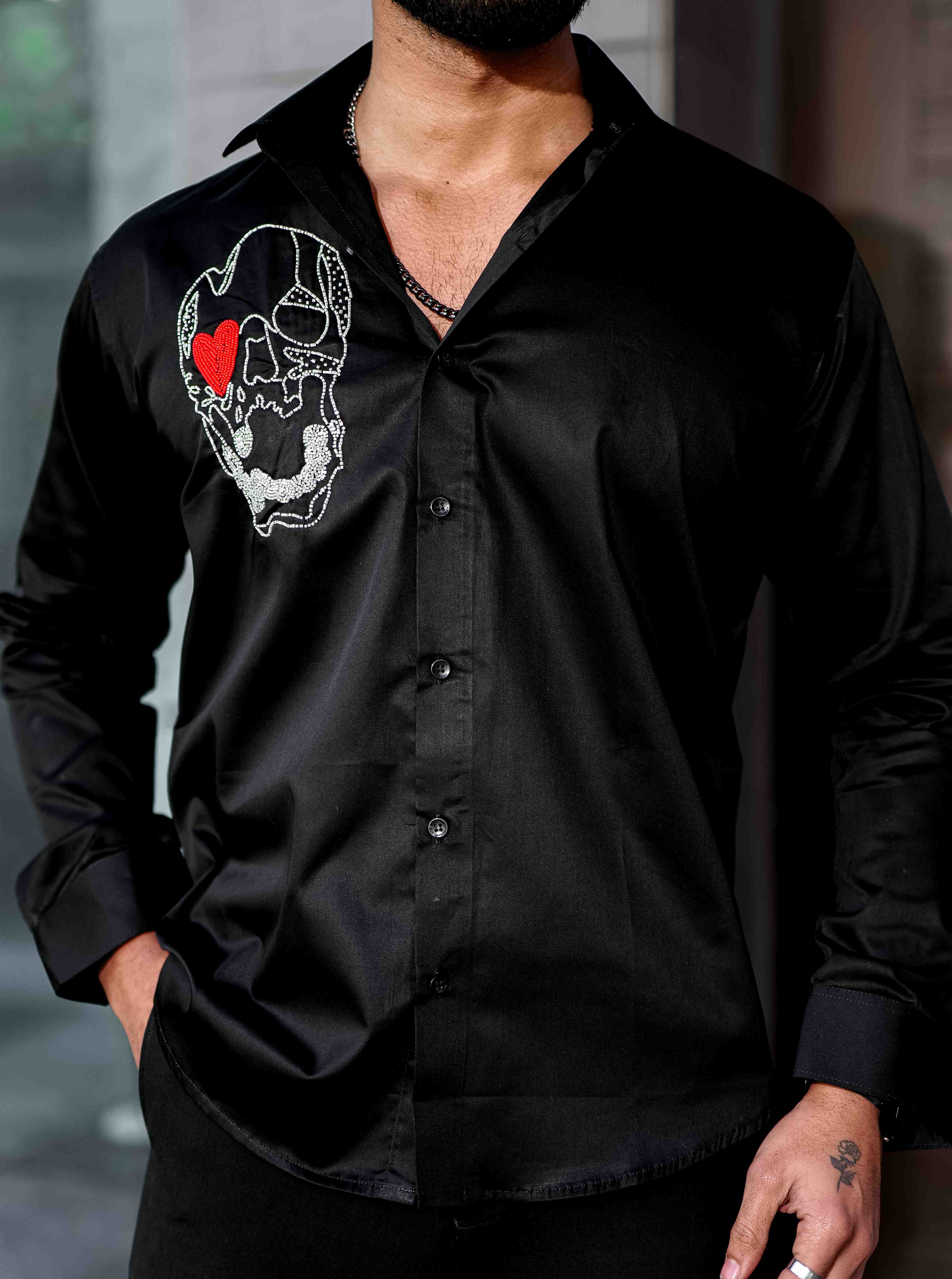 Black Rhinestone Party Satin Cotton Premium Shirt - Image 2