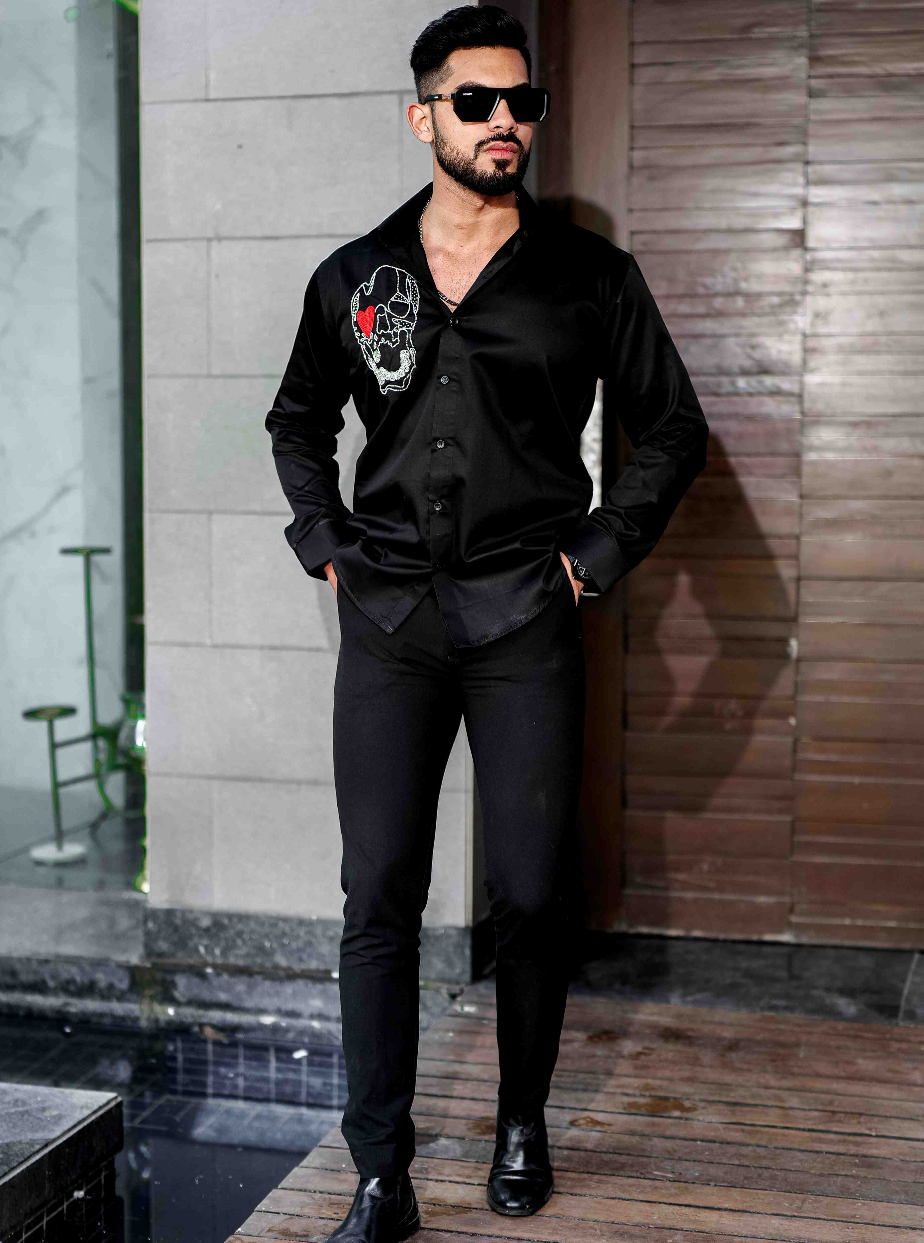 Black Rhinestone Party Satin Cotton Premium Shirt - Image 3