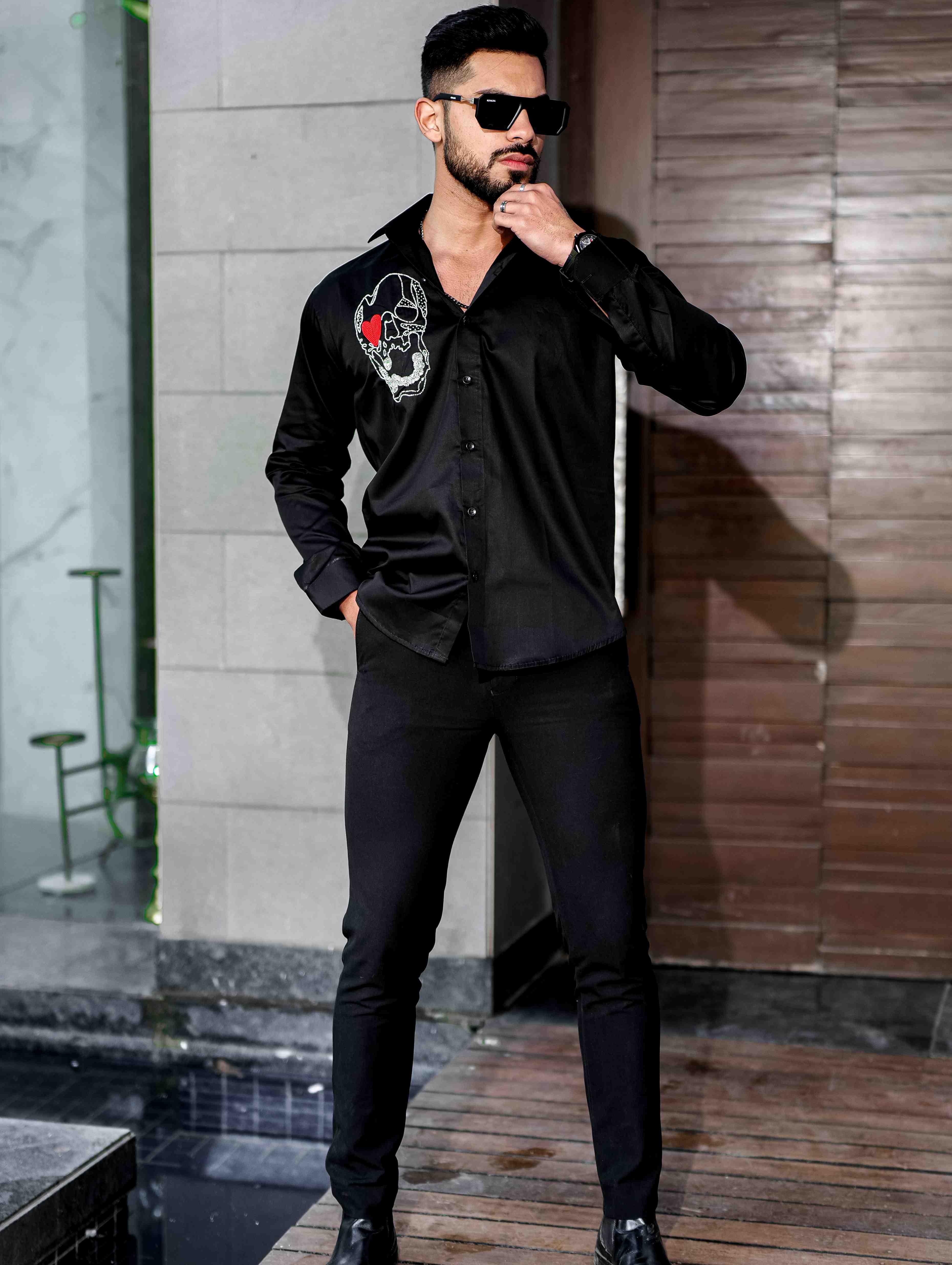 Black Rhinestone Party Satin Cotton Premium Shirt - Image 4