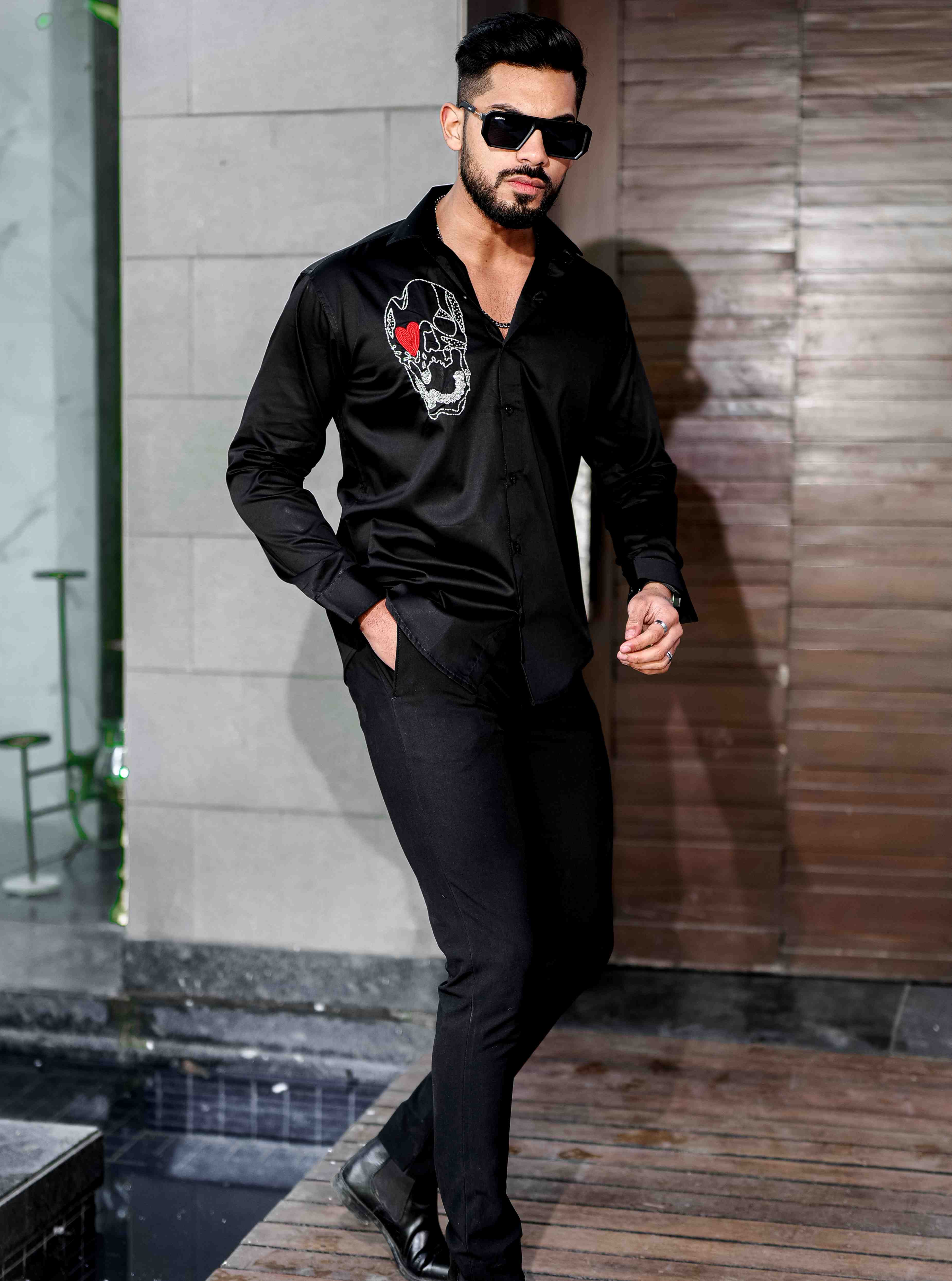 Black Rhinestone Party Satin Cotton Premium Shirt - Image 5