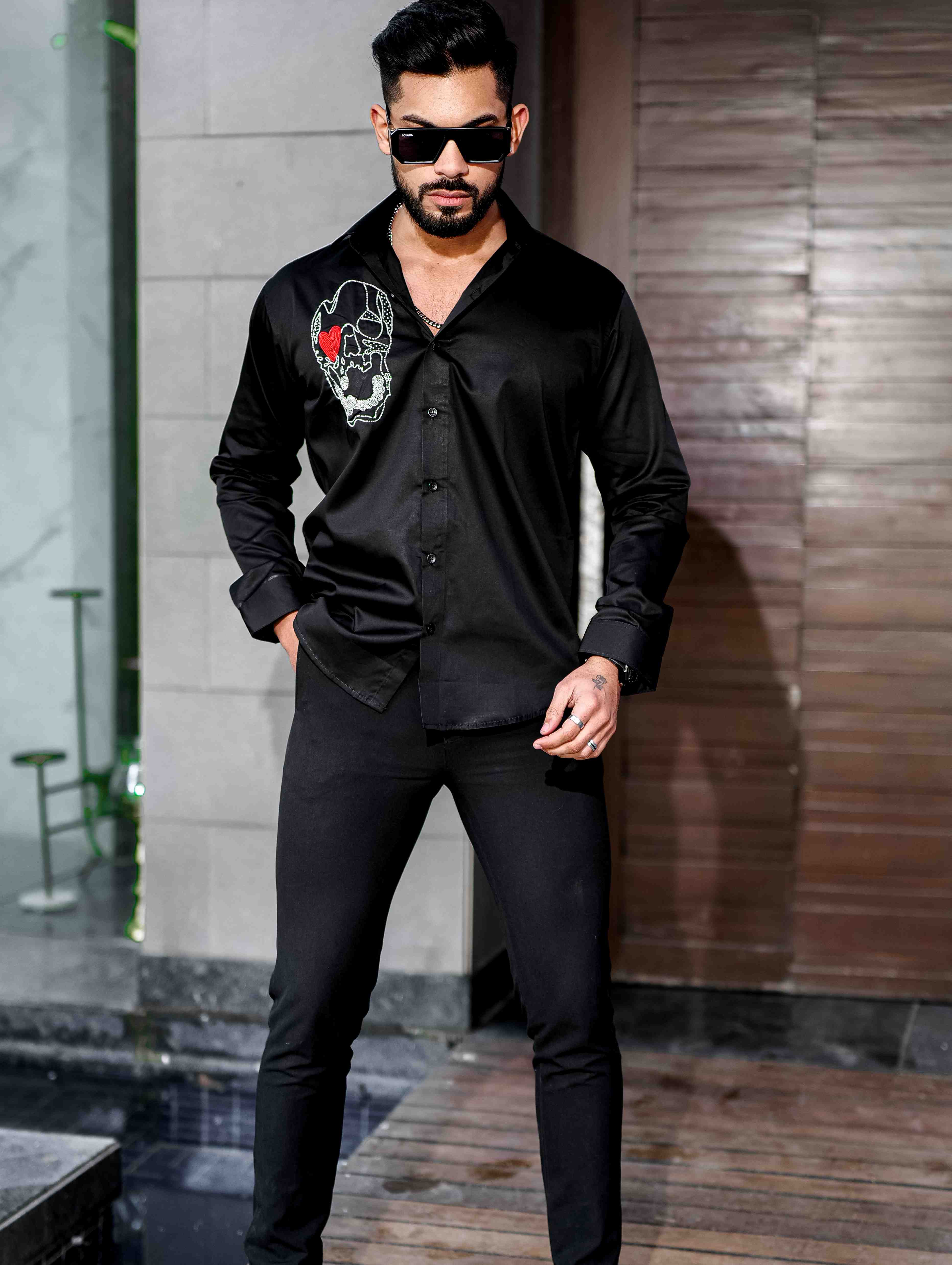 Black Rhinestone Party Satin Cotton Premium Shirt - Image 6