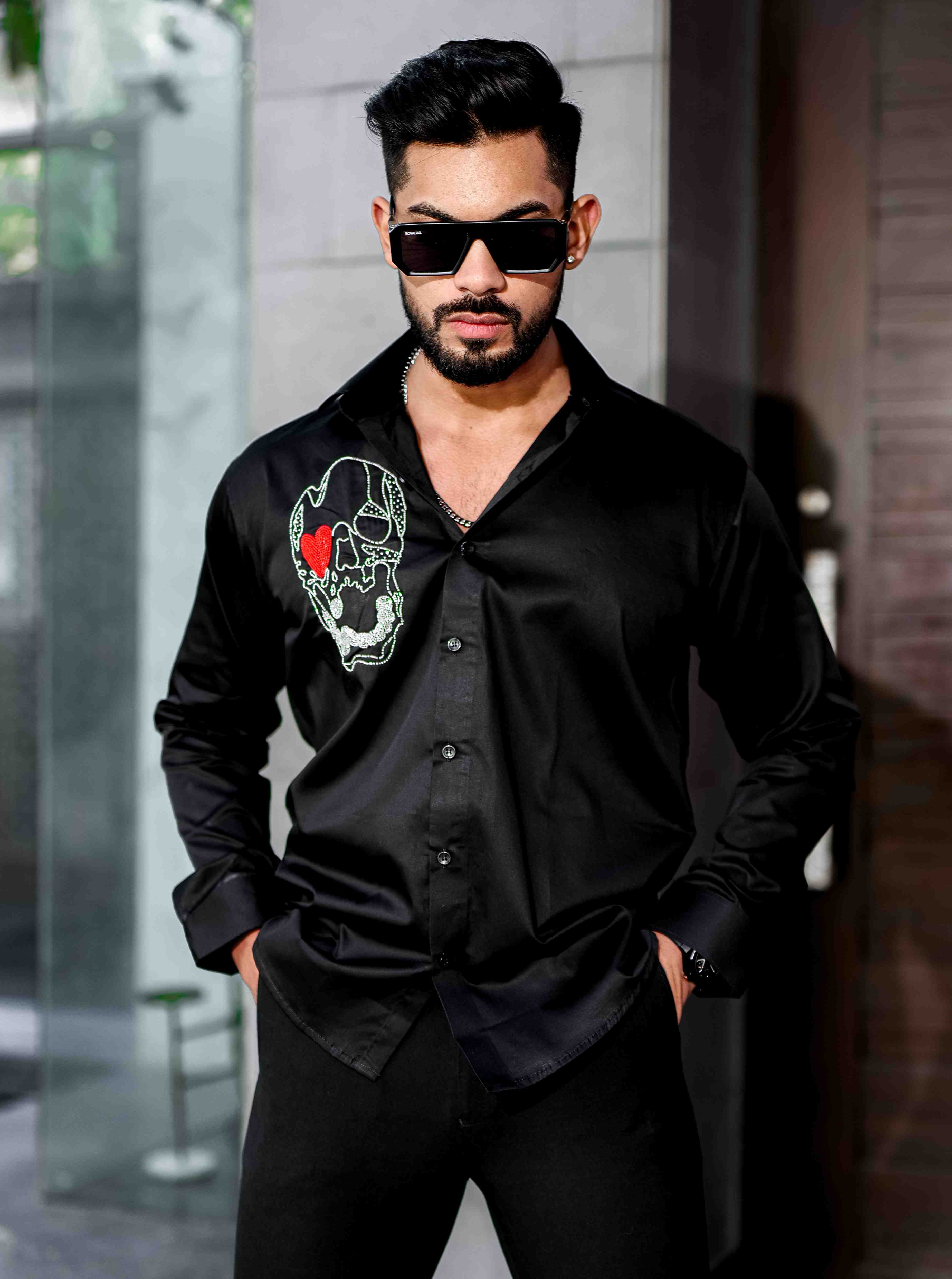 Black Rhinestone Party Satin Cotton Premium Shirt - Image 7