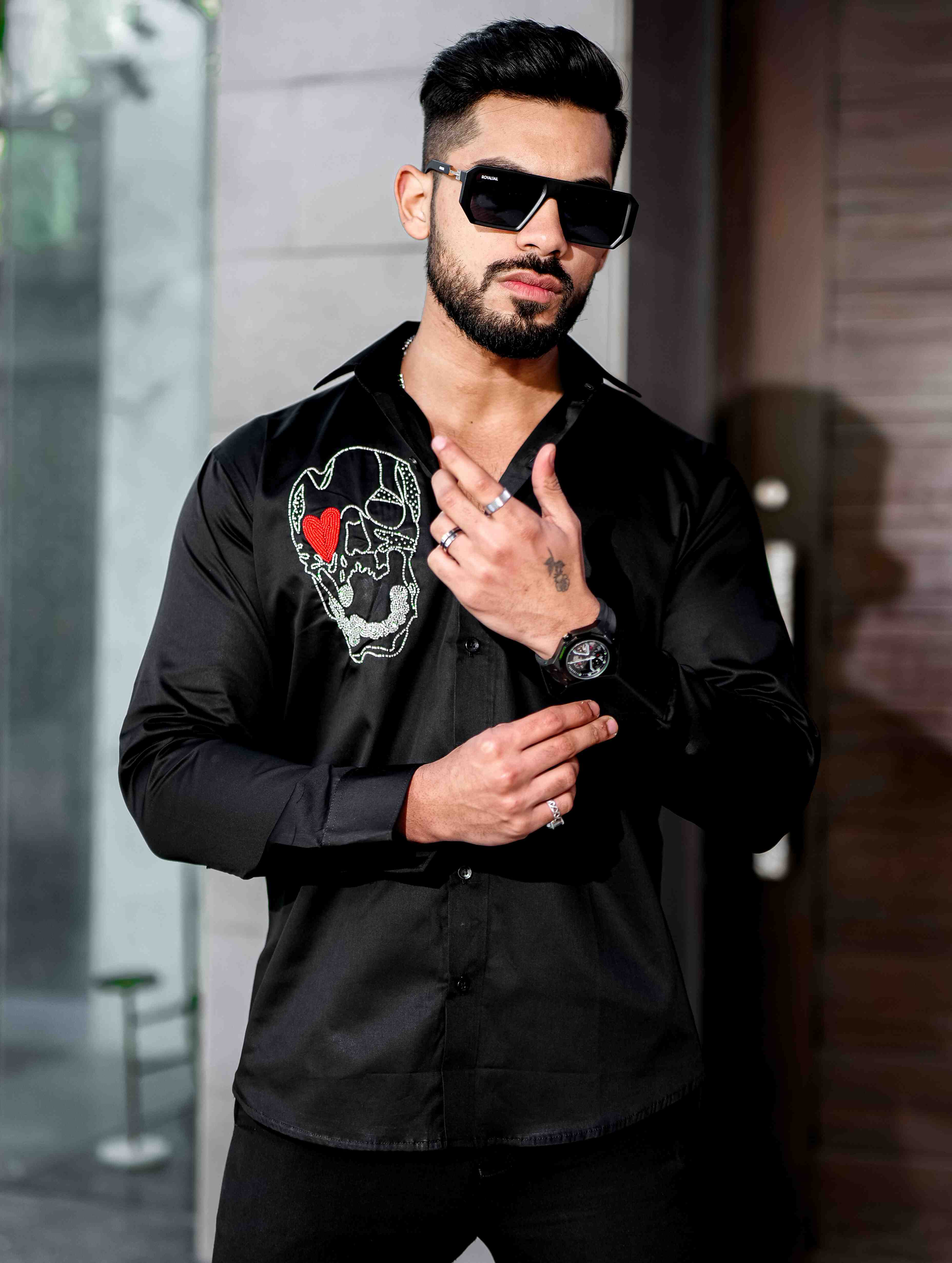 Black Rhinestone Party Satin Cotton Premium Shirt - Image 8