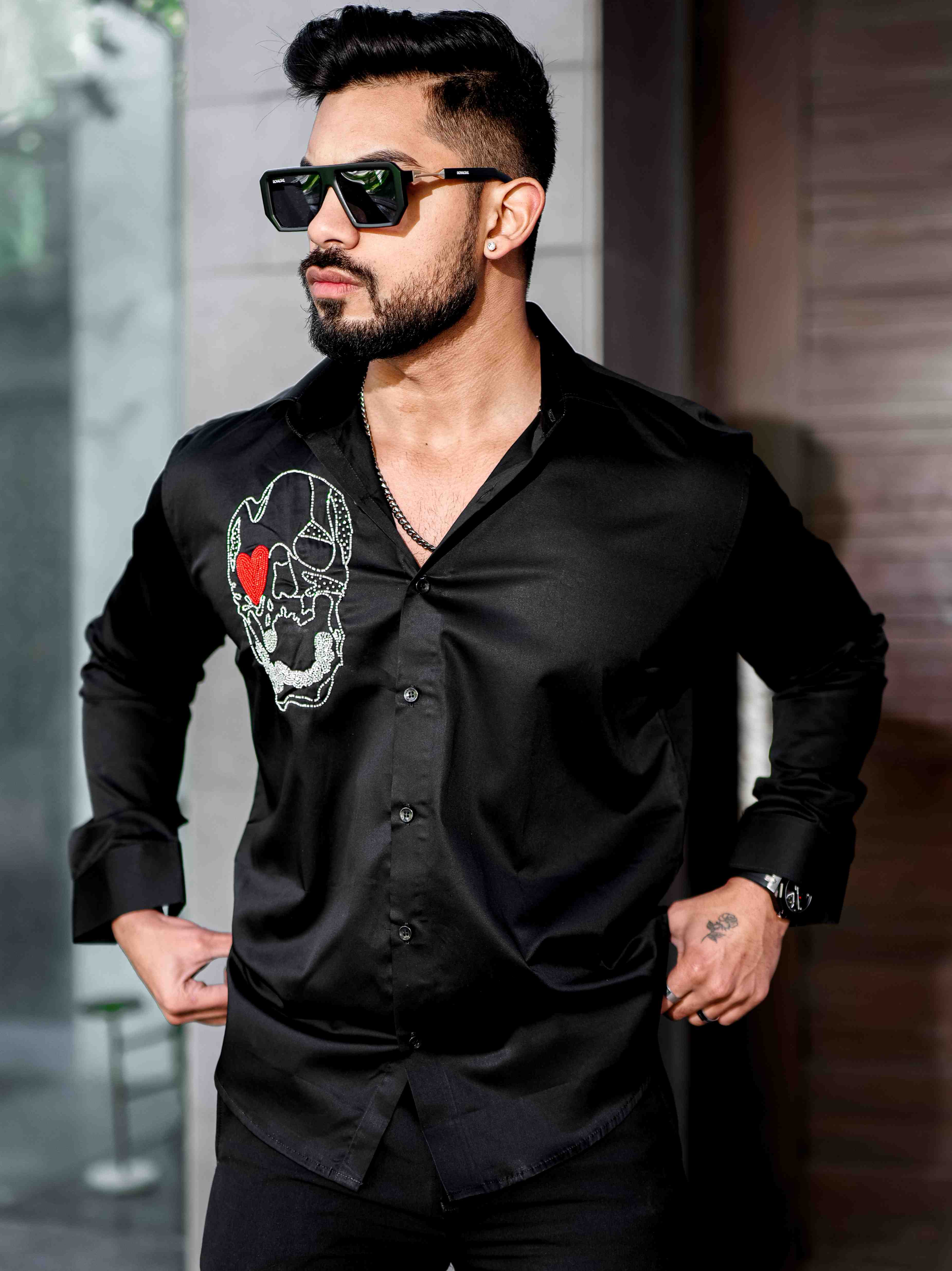 Black Rhinestone Party Satin Cotton Premium Shirt - Image 9