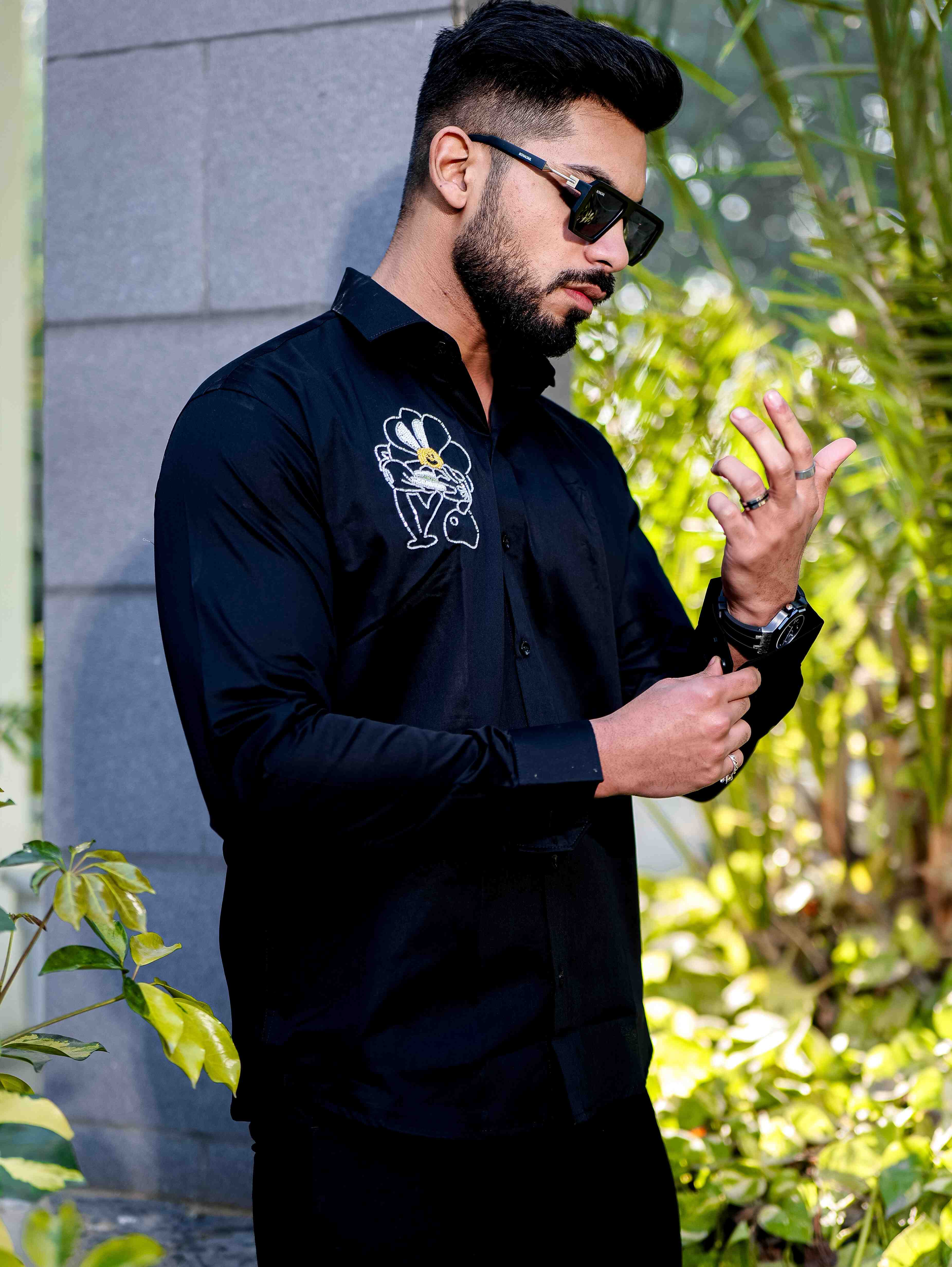 Black Rhinestone Party Satin Cotton Premium Shirt - Image 10