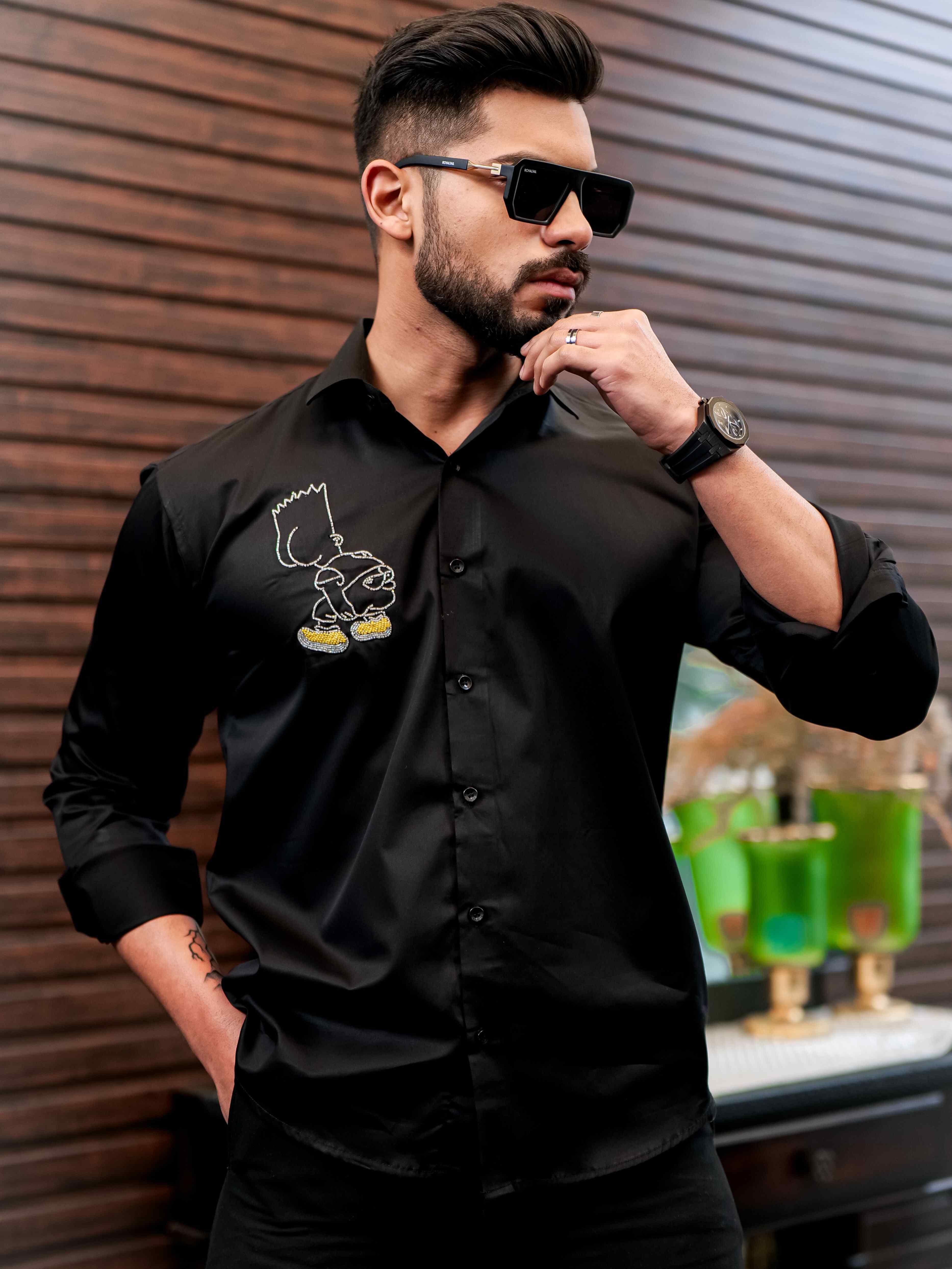 Black Rhinestone Party Satin Cotton Premium Shirt - Image 6
