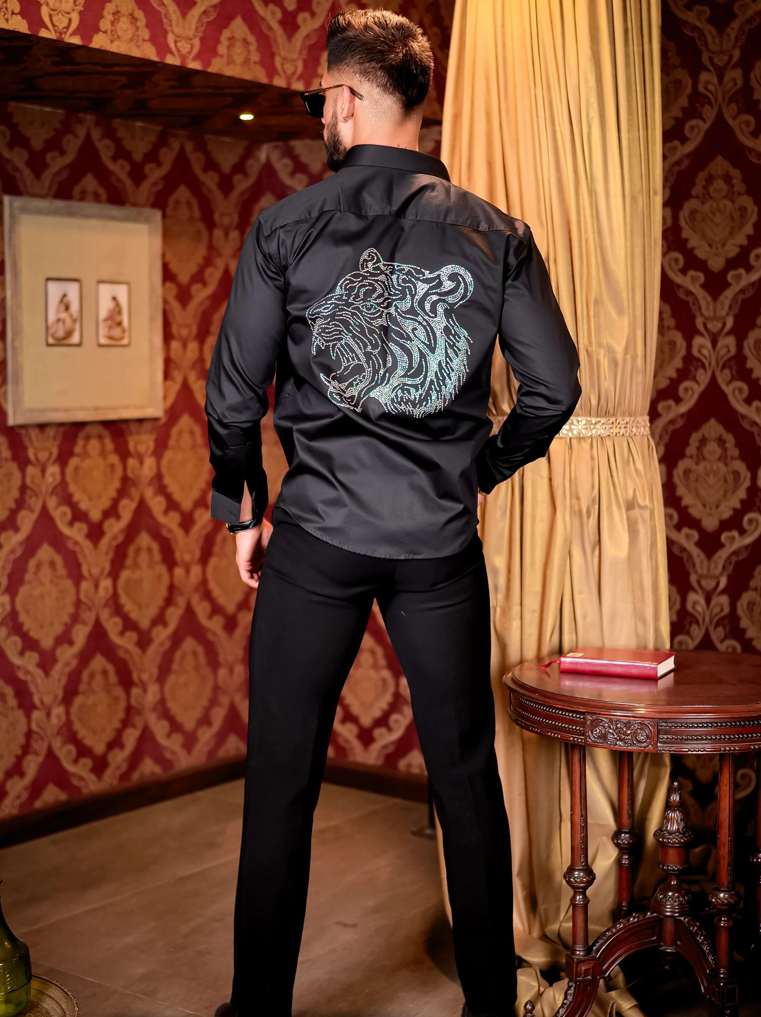 Black Roar Tiger Starry Beaded Satin Cotton Premium Party Shirt - Image 6