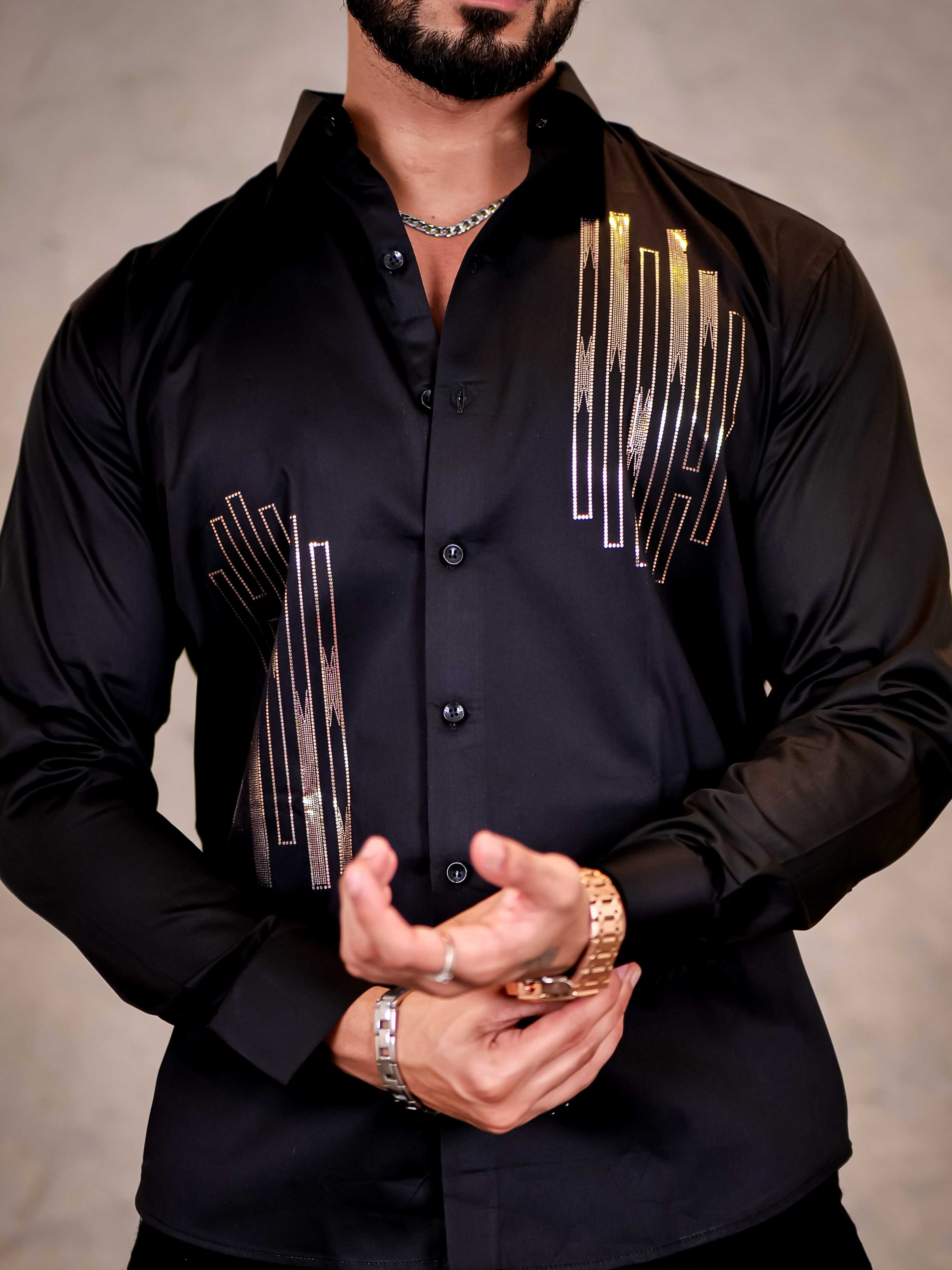 Black Sequence Club Wear Satin Cotton Party Shirt - Image 10