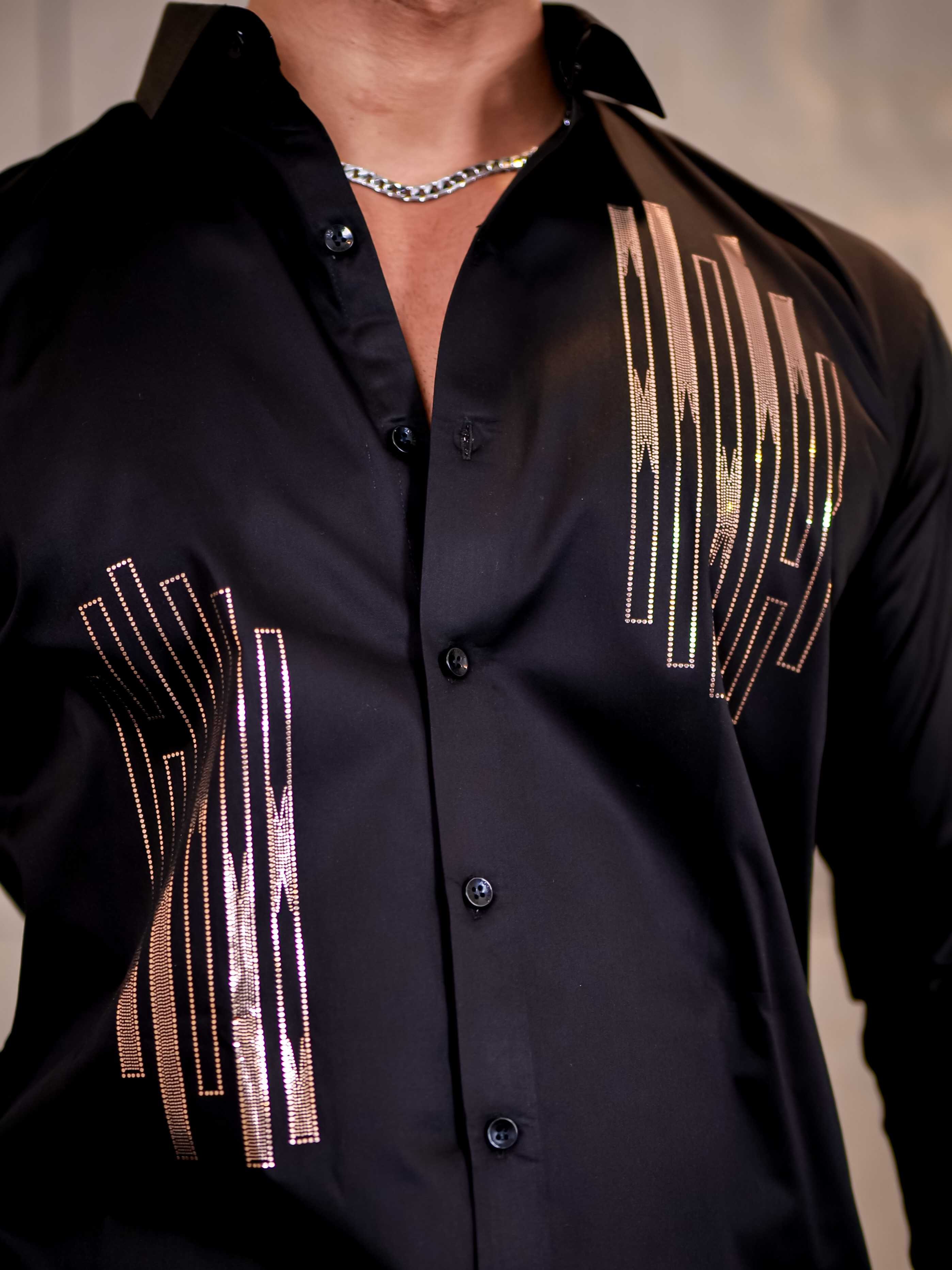 Black Sequence Club Wear Satin Cotton Party Shirt - Image 2