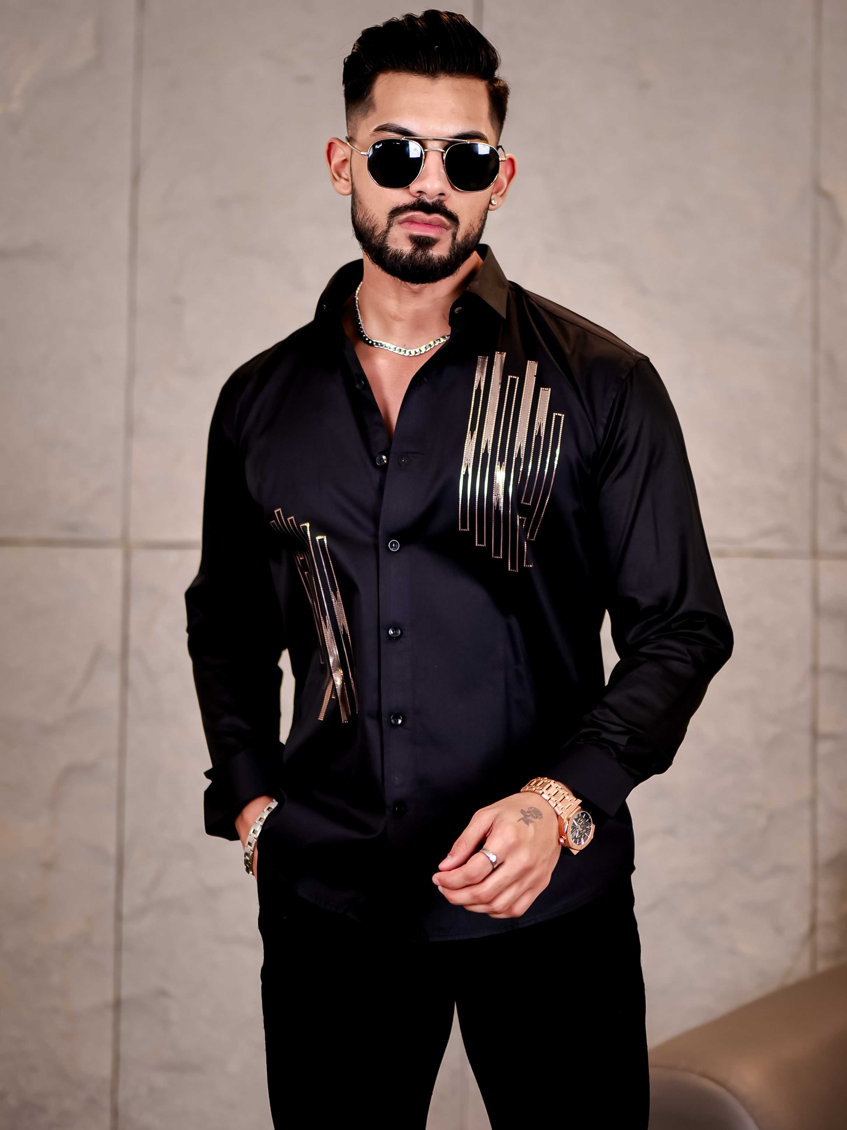 Black Sequence Club Wear Satin Cotton Party Shirt - Image 7