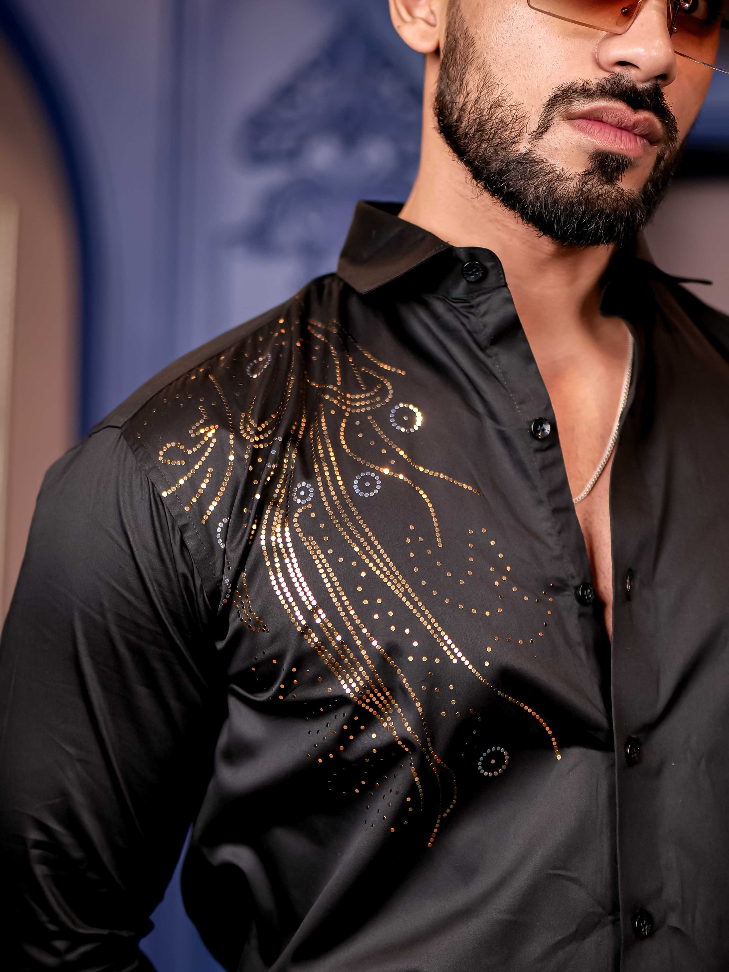 Black Sequence Club Wear Satin Cotton Party Shirt - Image 2