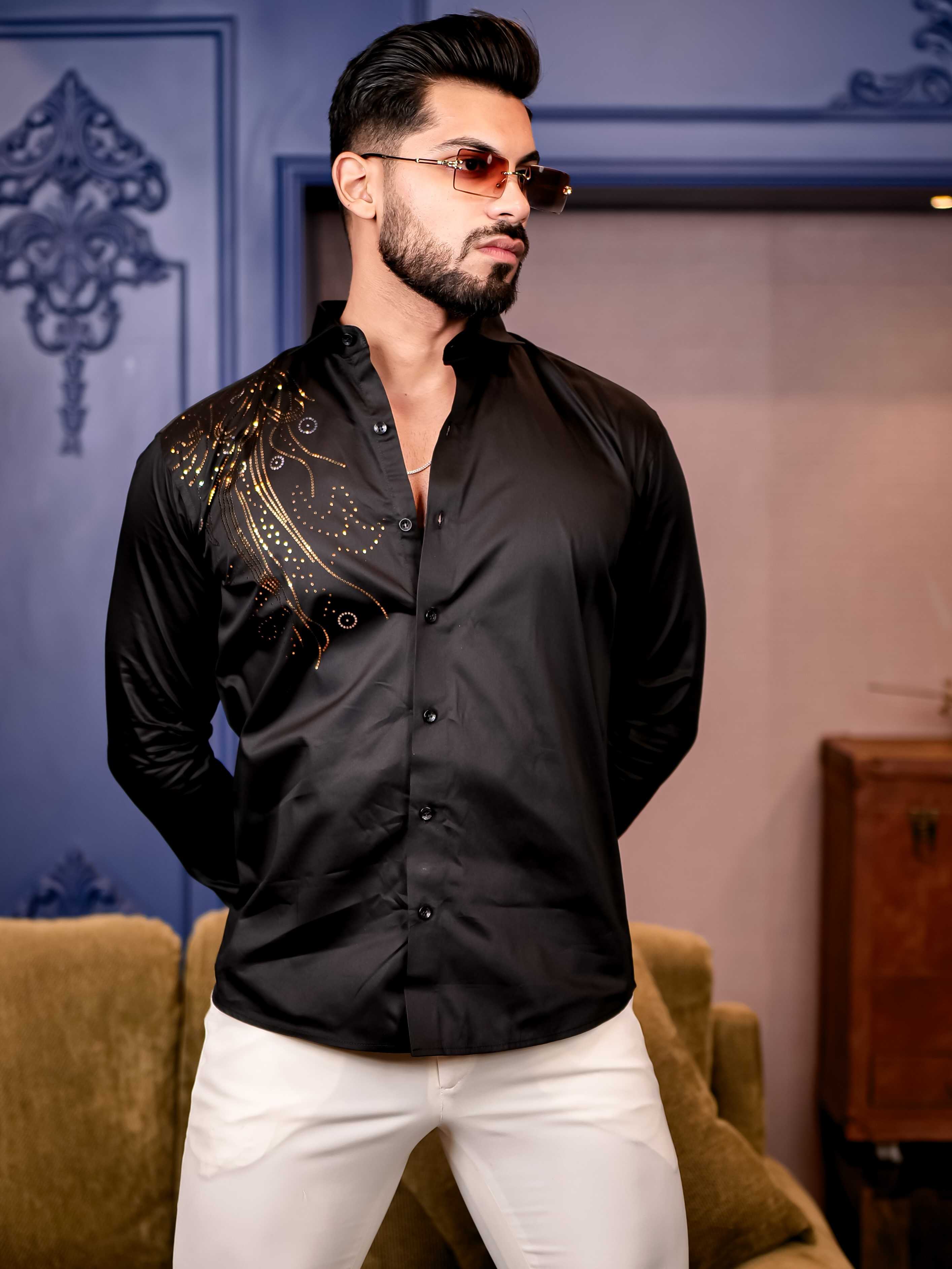 Black Sequence Club Wear Satin Cotton Party Shirt - Image 3