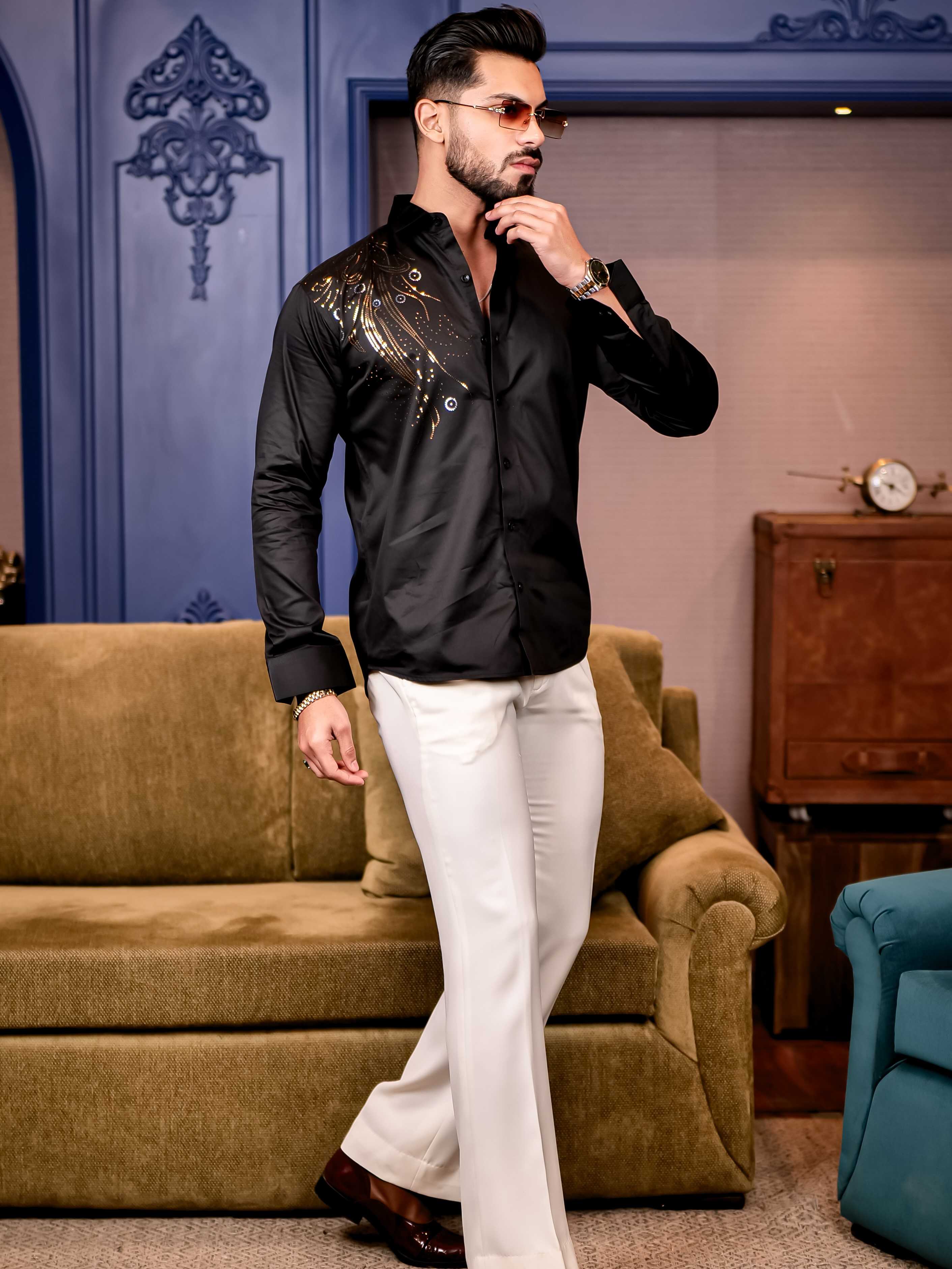 Black Sequence Club Wear Satin Cotton Party Shirt - Image 4