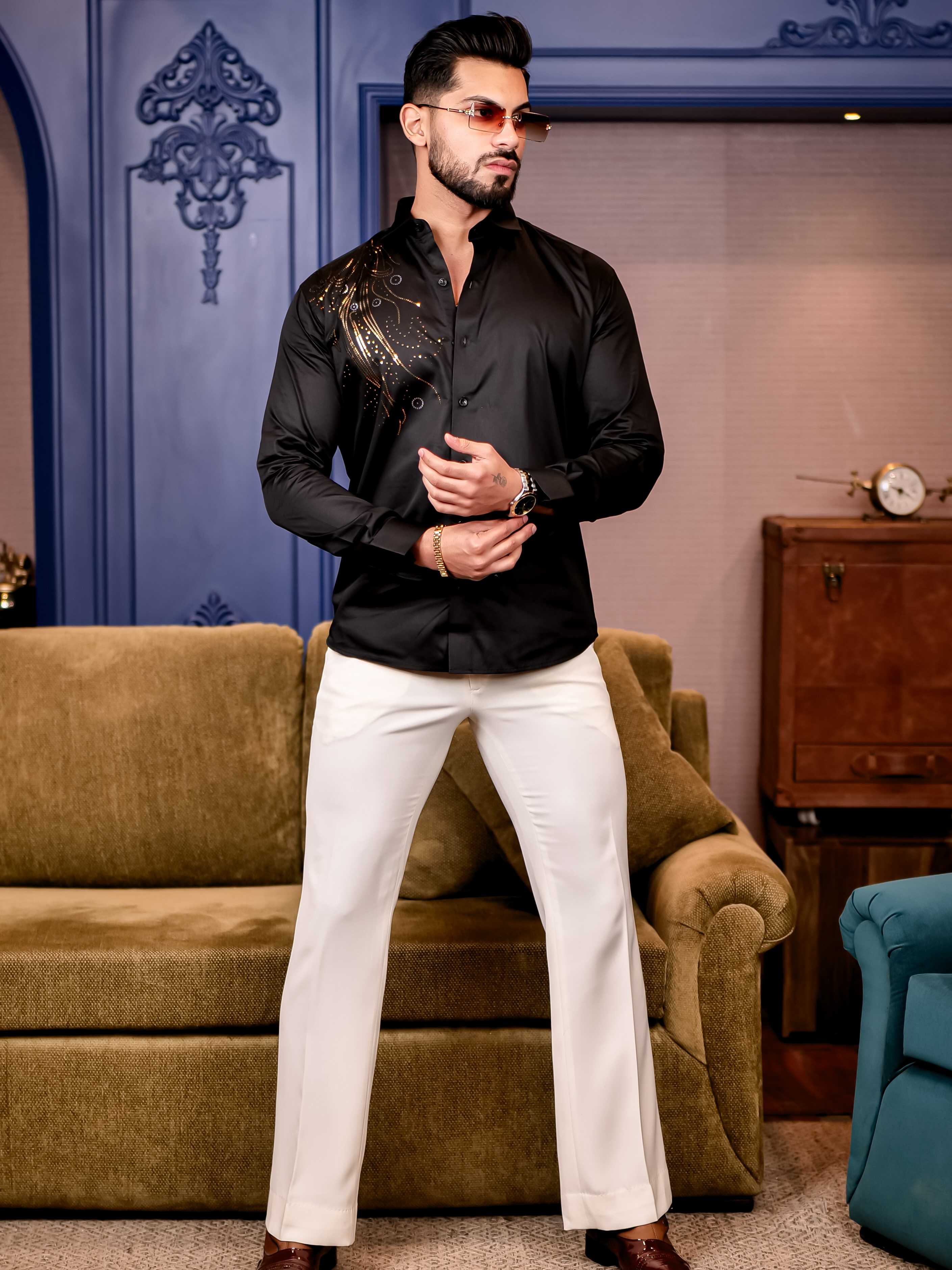 Black Sequence Club Wear Satin Cotton Party Shirt - Image 6