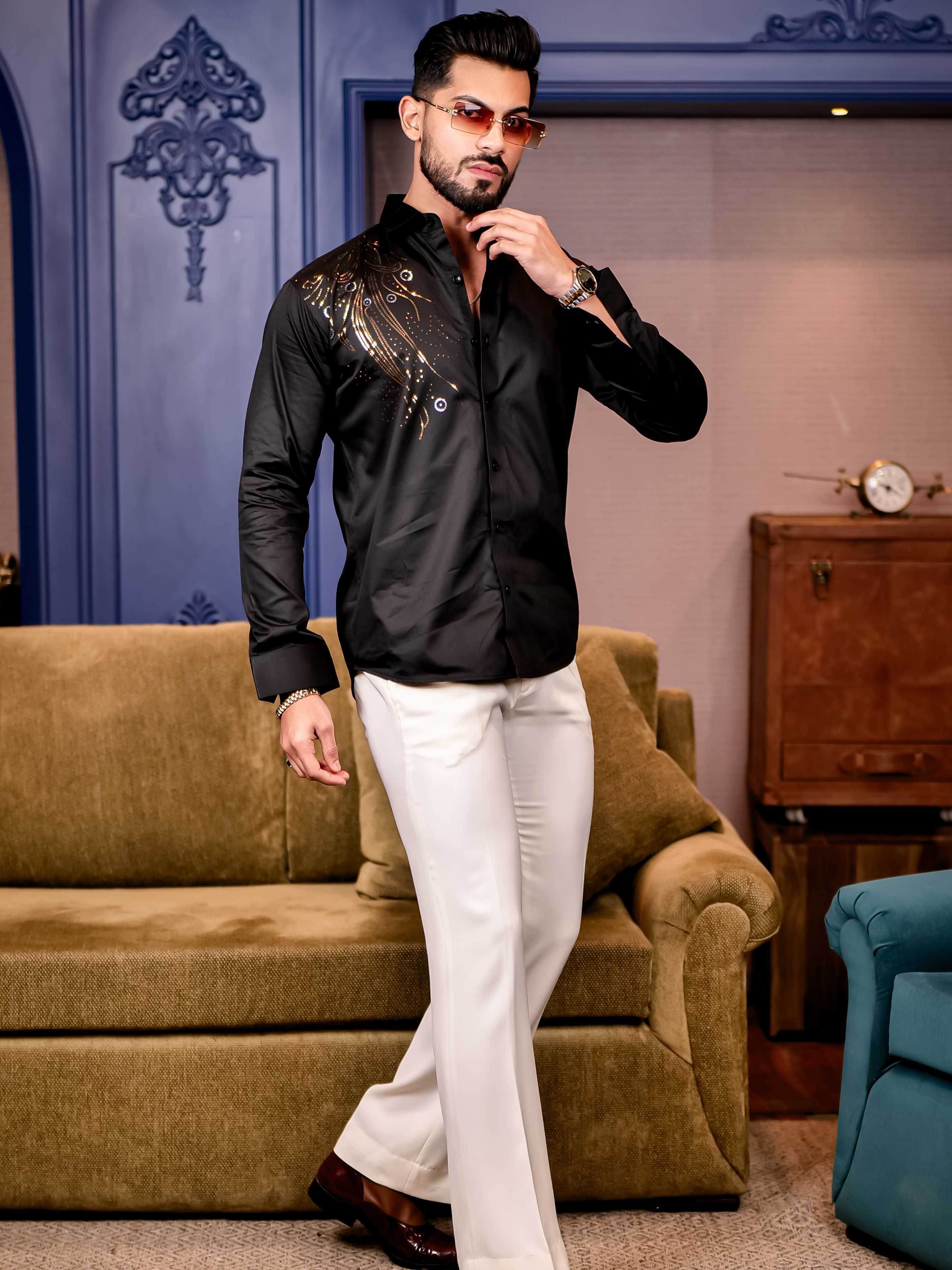 Black Sequence Club Wear Satin Cotton Party Shirt - Image 7
