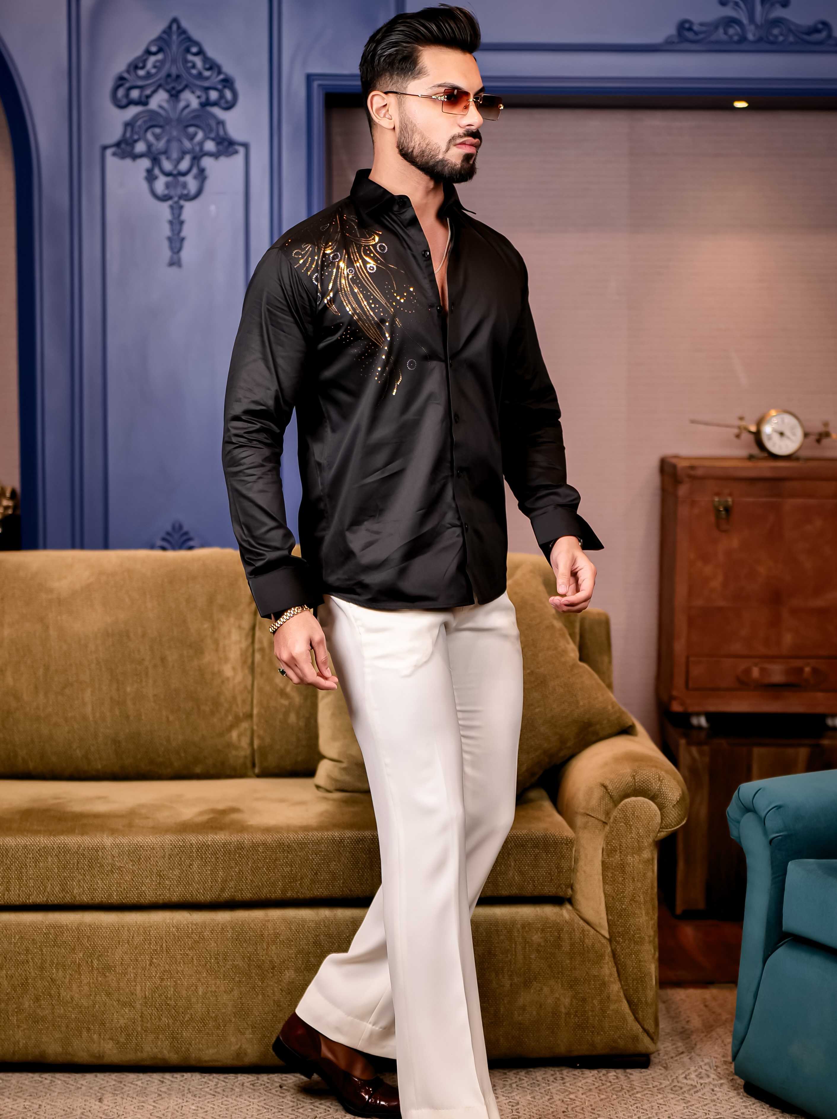 Black Sequence Club Wear Satin Cotton Party Shirt - Image 8