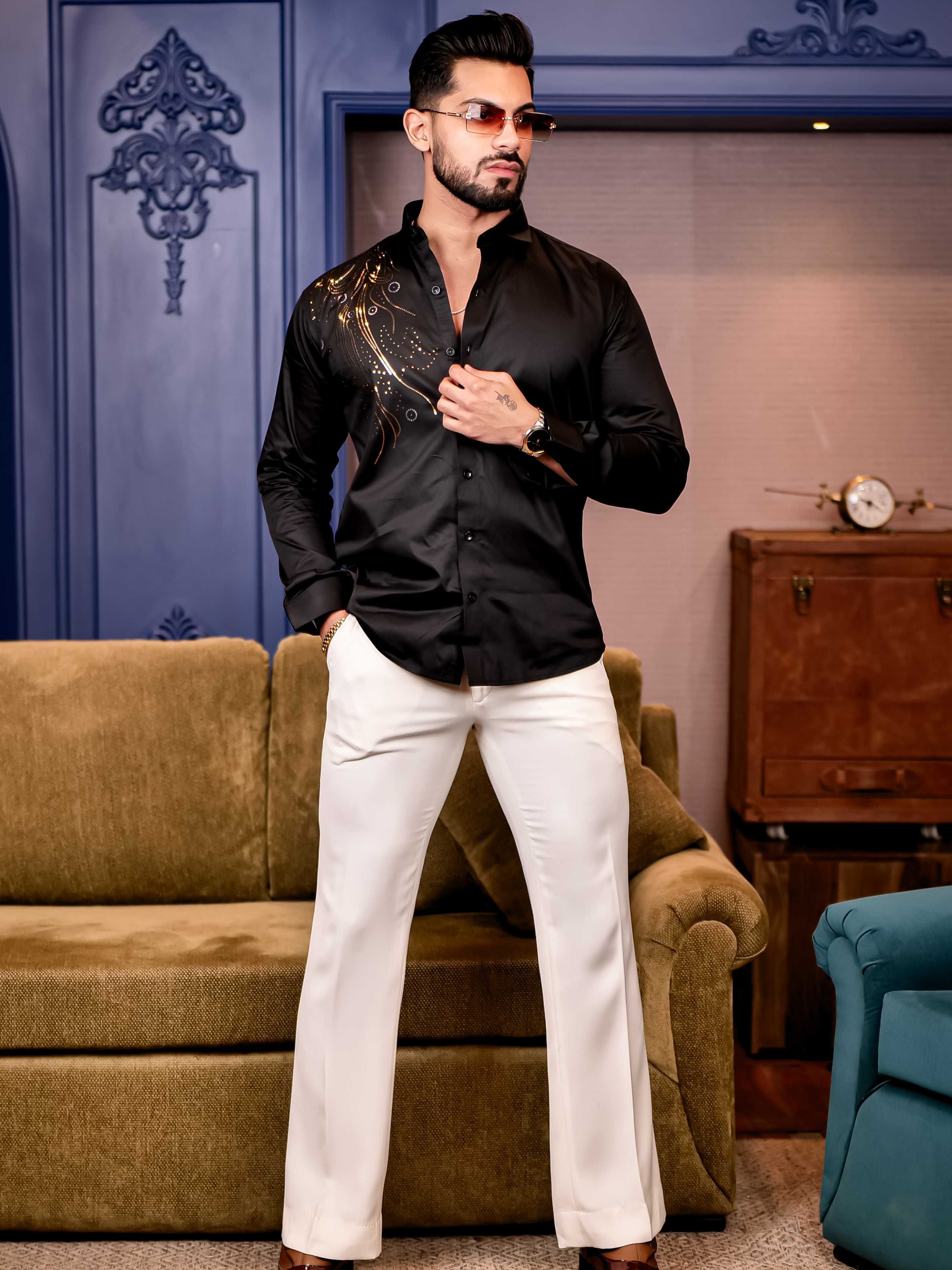 Black Sequence Club Wear Satin Cotton Party Shirt - Image 9