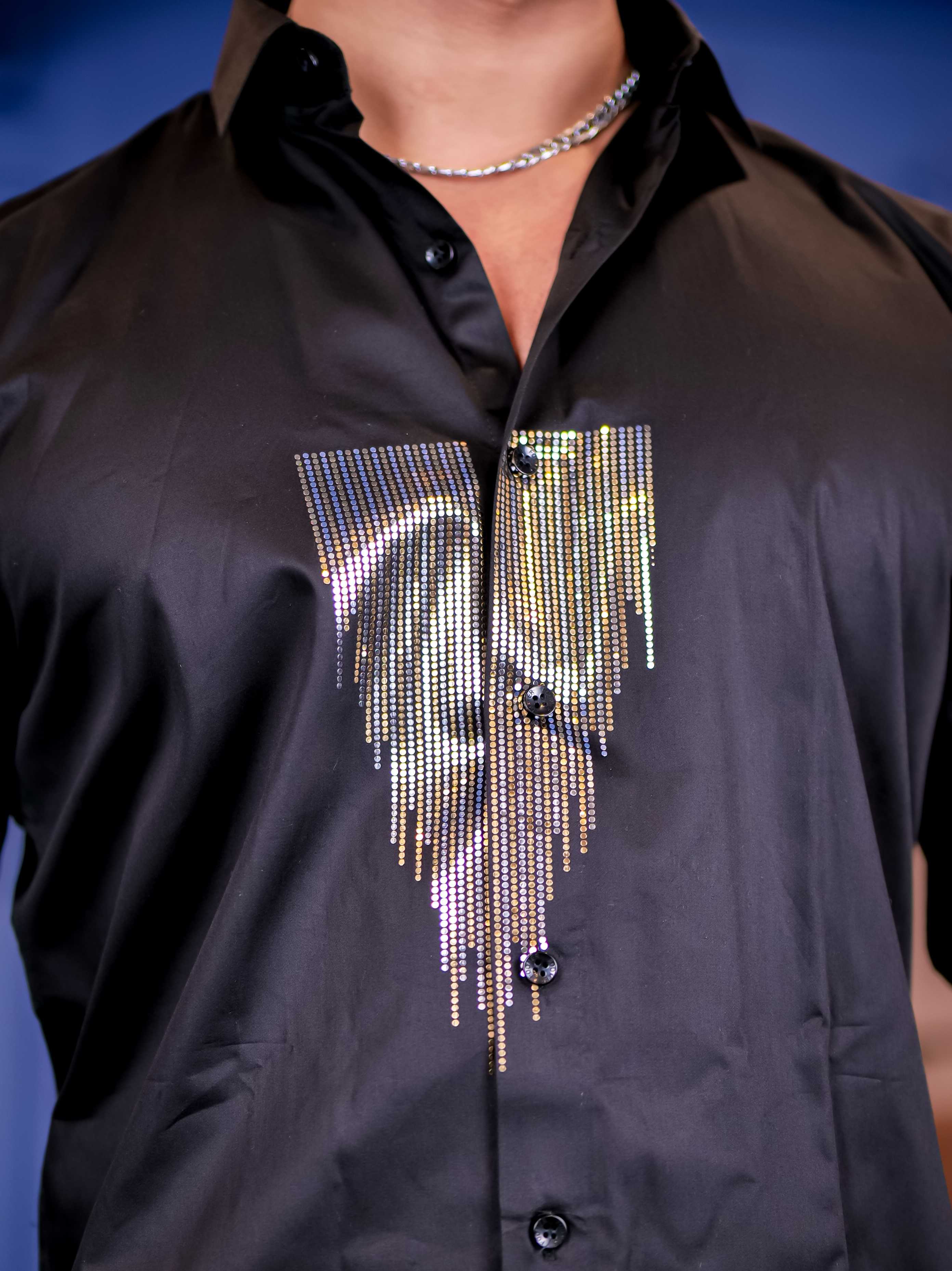 Black Sequence Club Wear Satin Cotton Party Shirt - Image 2