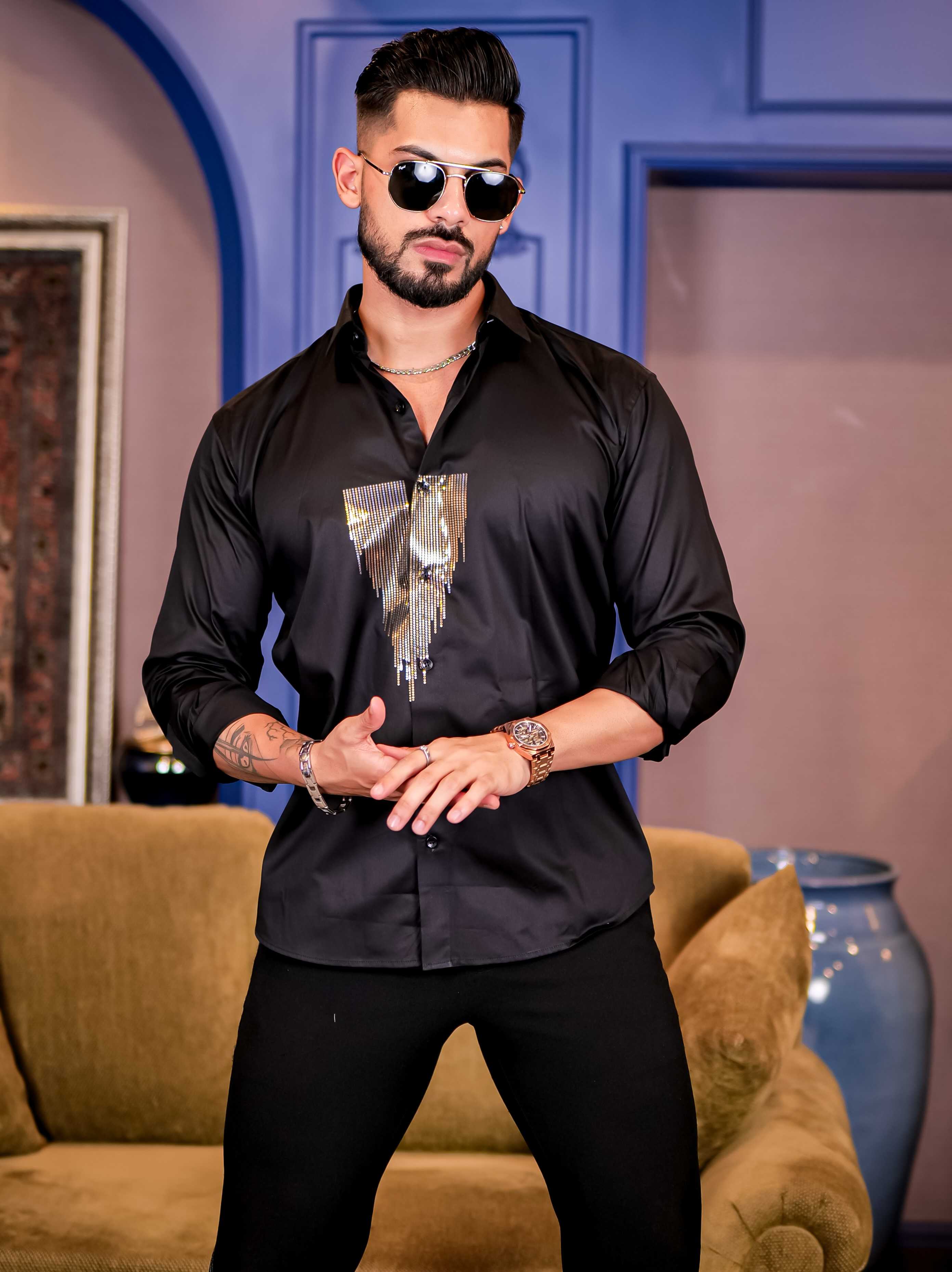 Black Sequence Club Wear Satin Cotton Party Shirt - Image 3