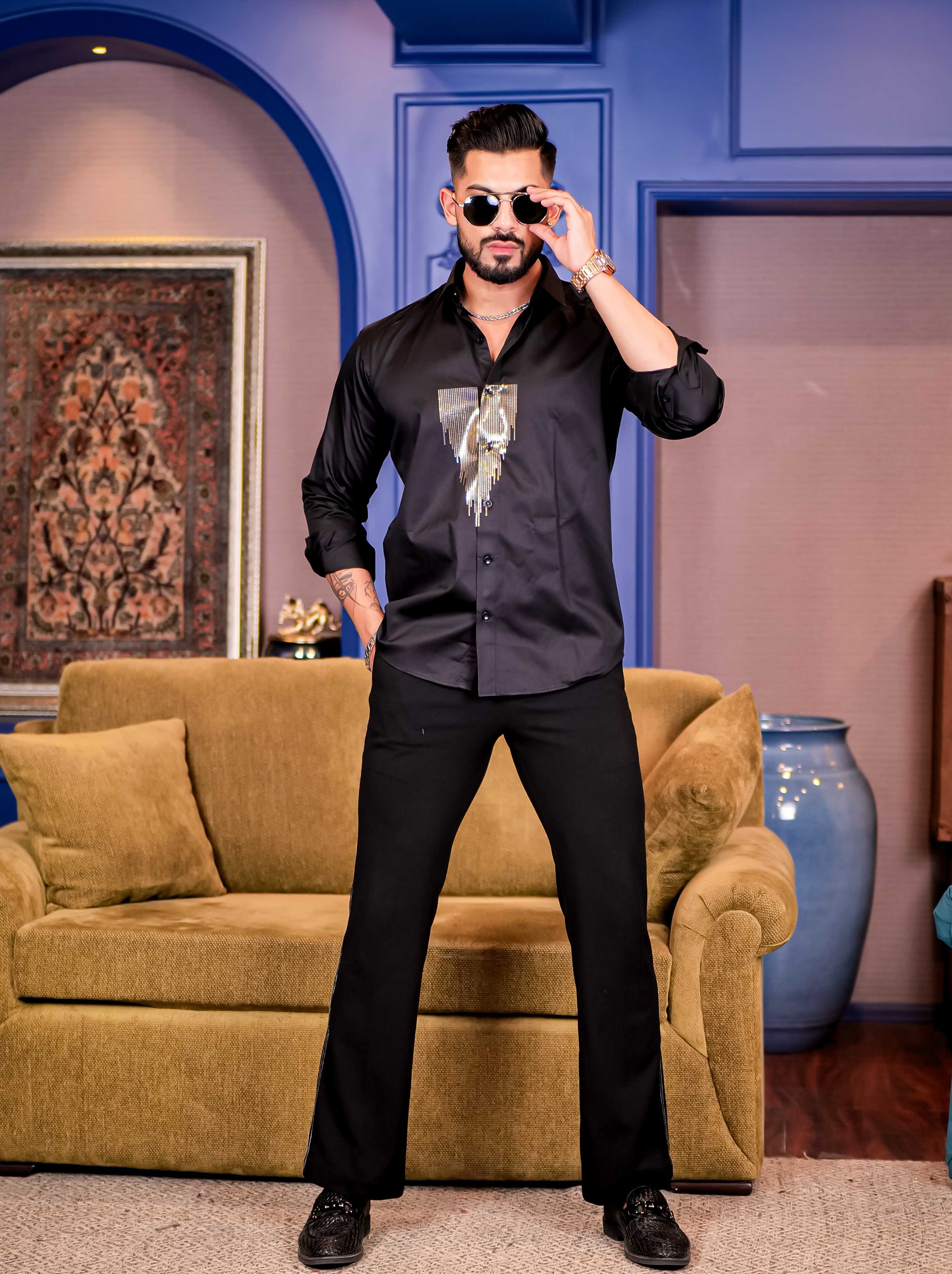Black Sequence Club Wear Satin Cotton Party Shirt - Image 6