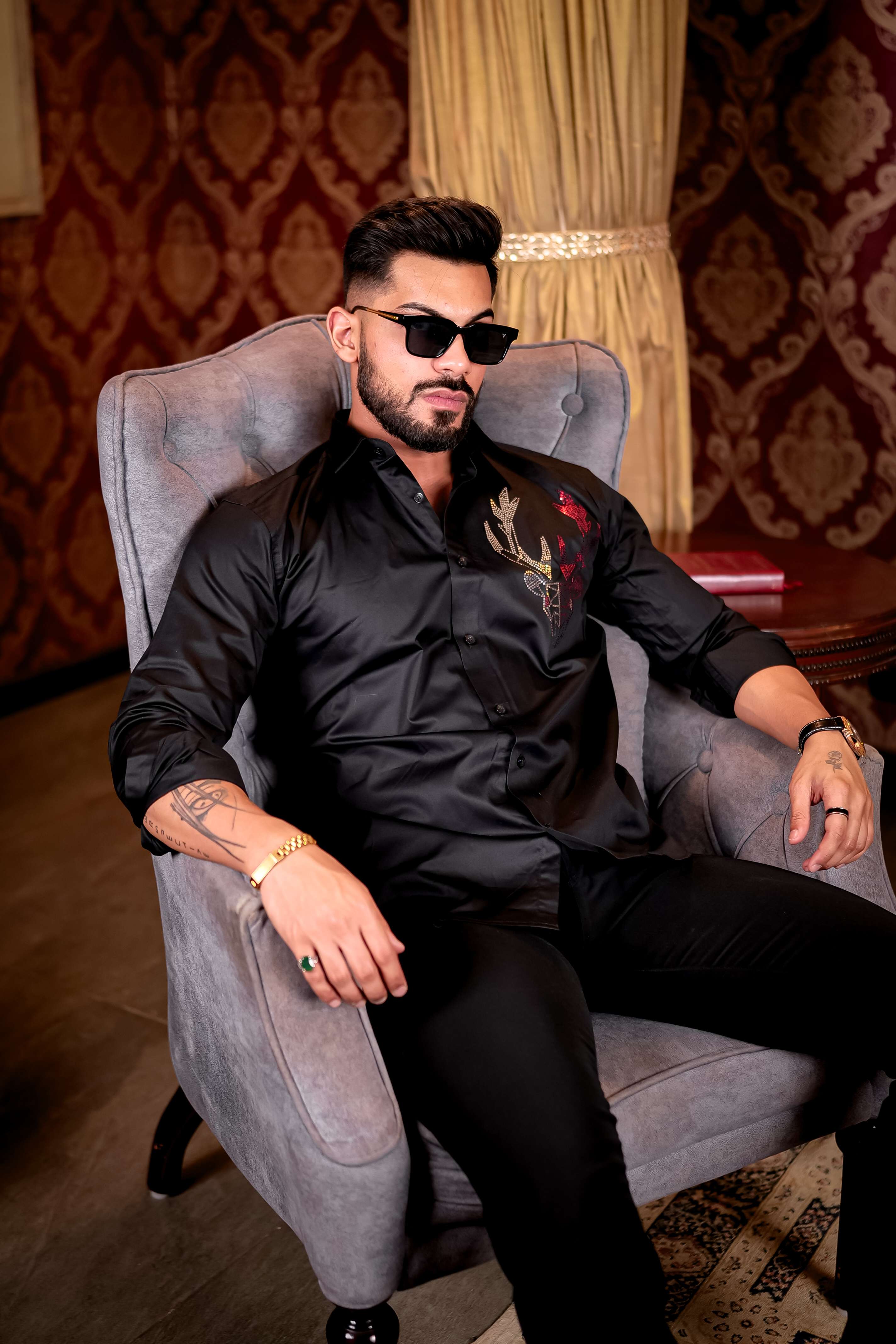 Black Sequence Deer Club Wear Printed Satin Cotton Shirt - Image 3