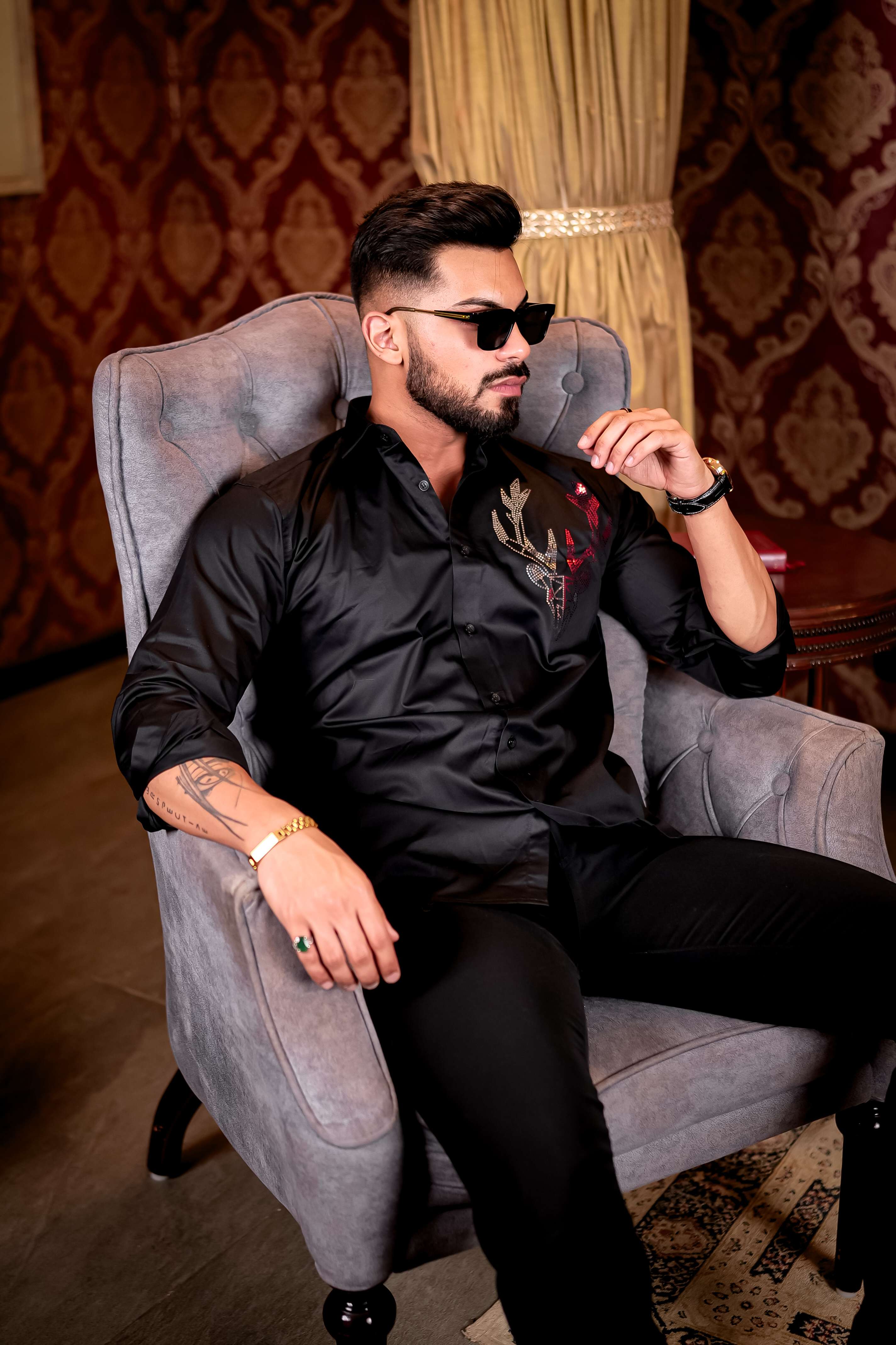 Black Sequence Deer Club Wear Printed Satin Cotton Shirt - Image 4
