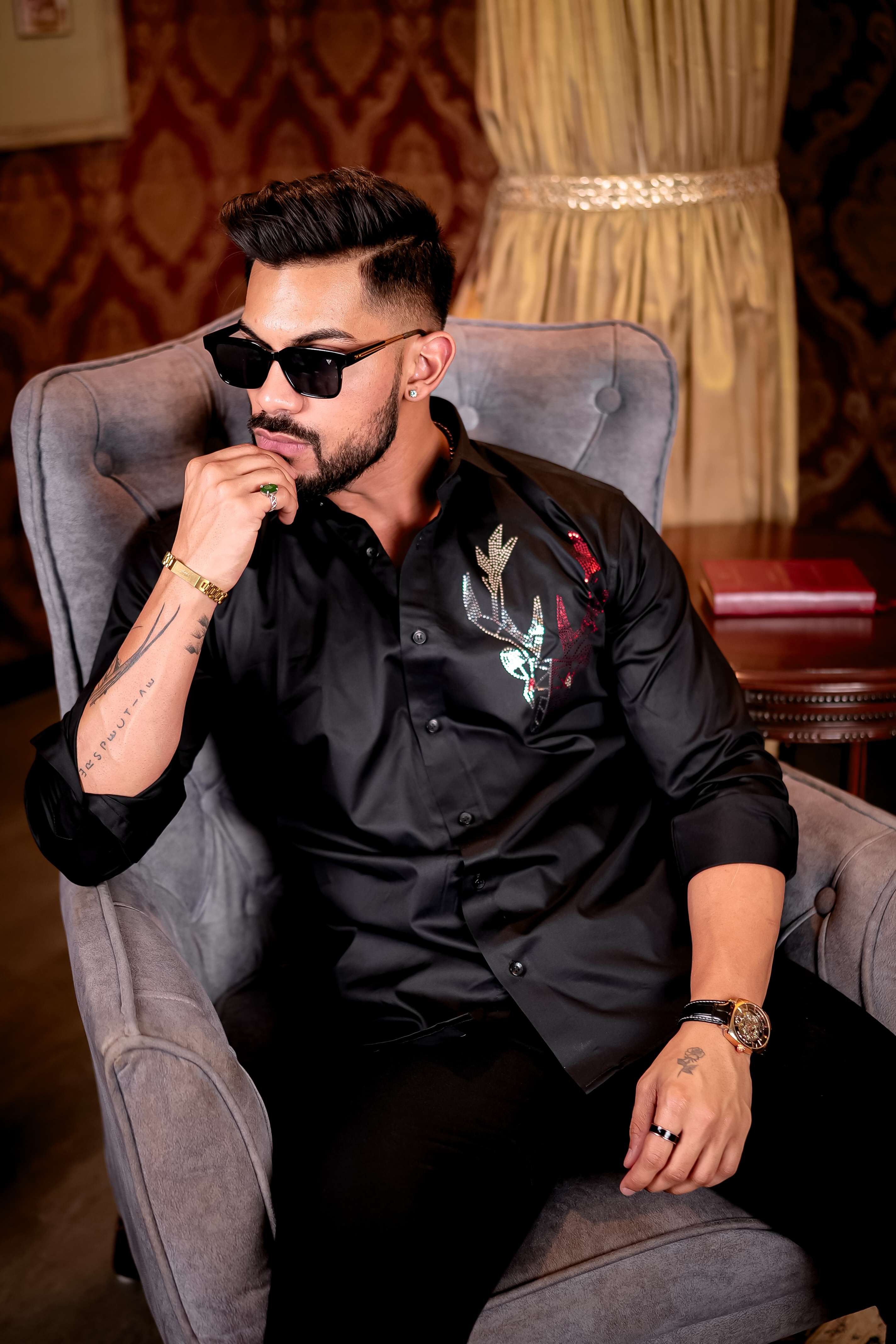 Black Sequence Deer Club Wear Printed Satin Cotton Shirt - Image 5