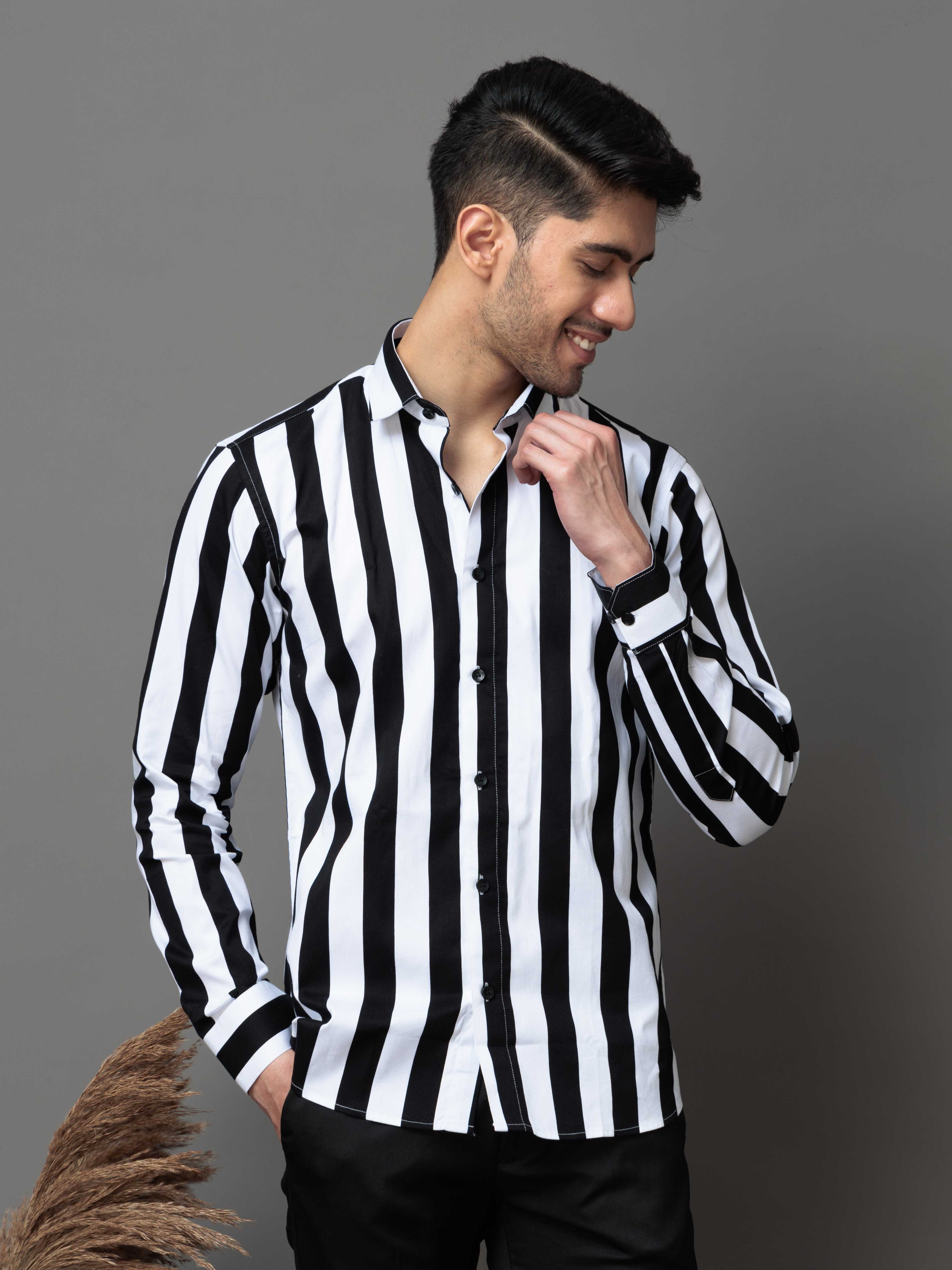 BLACK STRIPED PRINTED COTTON CASUAL SHIRT FOR MEN'S