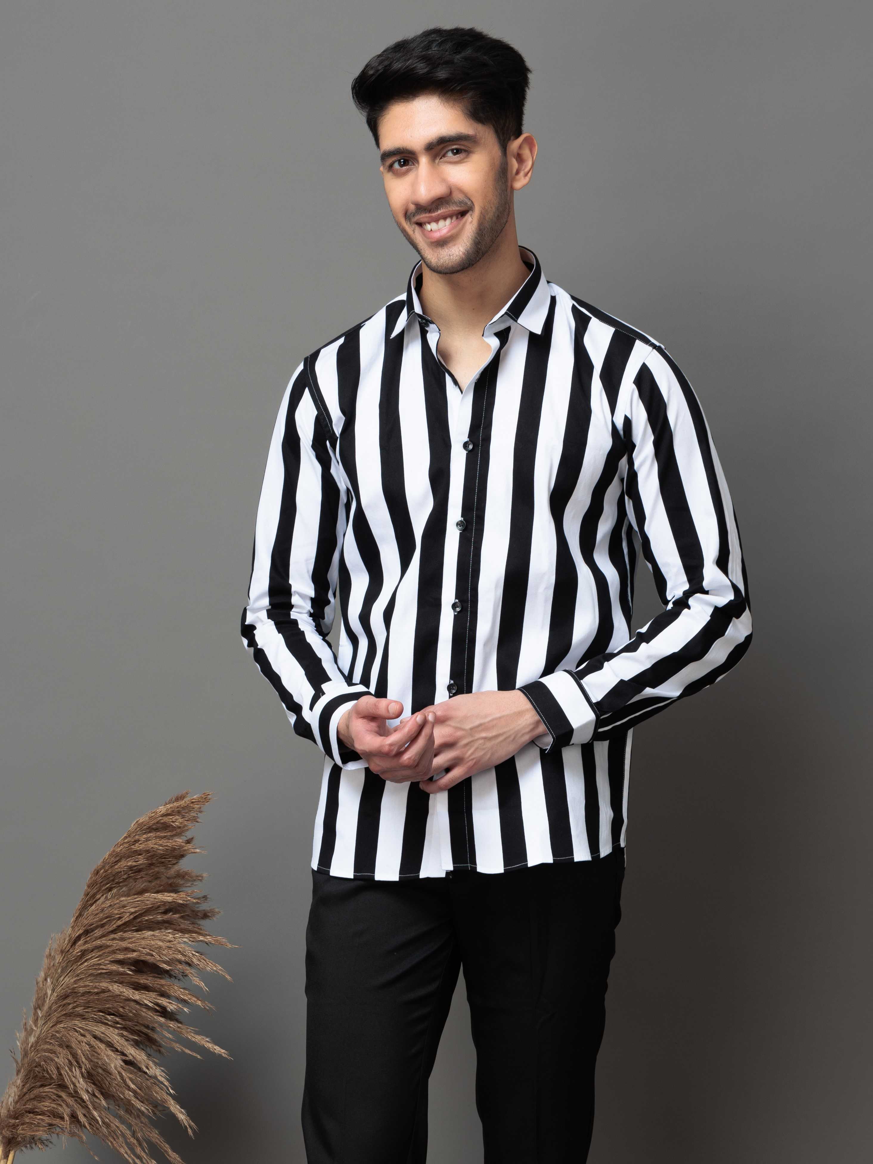 BLACK STRIPED PRINTED COTTON CASUAL SHIRT FOR MEN'S - Image 2