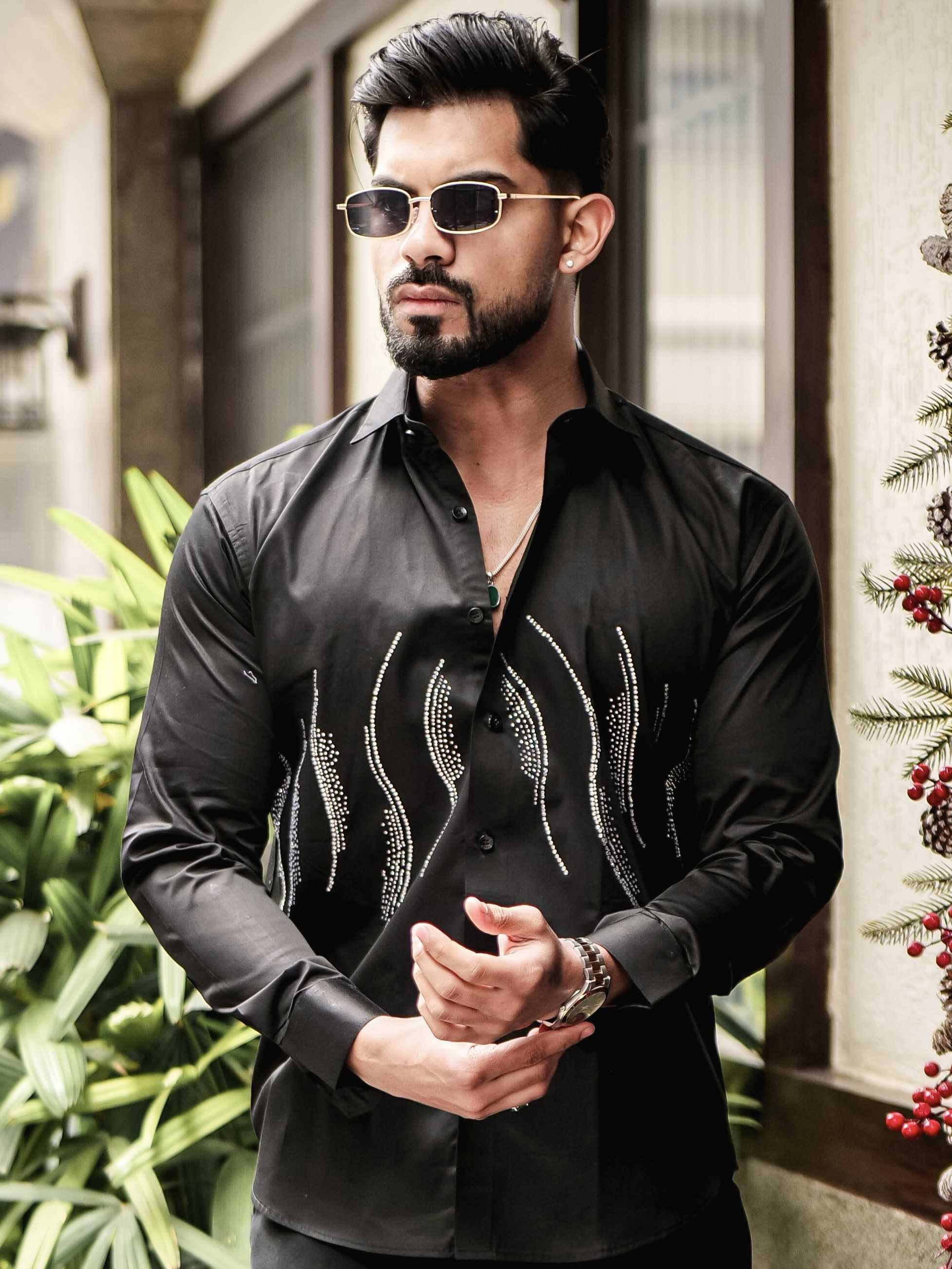 BLACK WAVE STARRY BEADED SATIN COTTON PREMIUM PARTY SHIRT