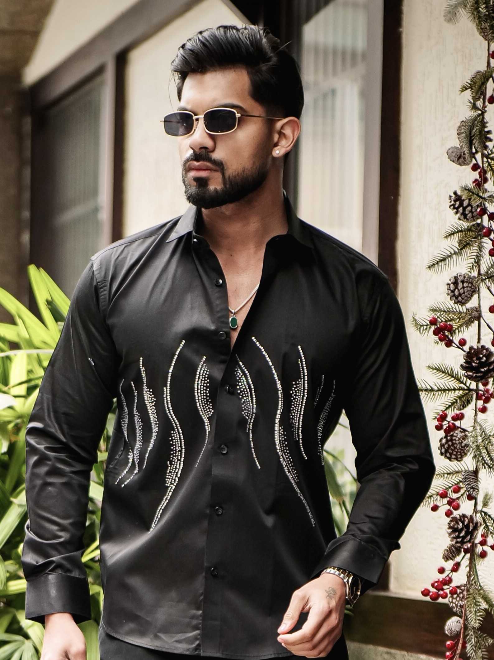 BLACK WAVE STARRY BEADED SATIN COTTON PREMIUM PARTY SHIRT - Image 4