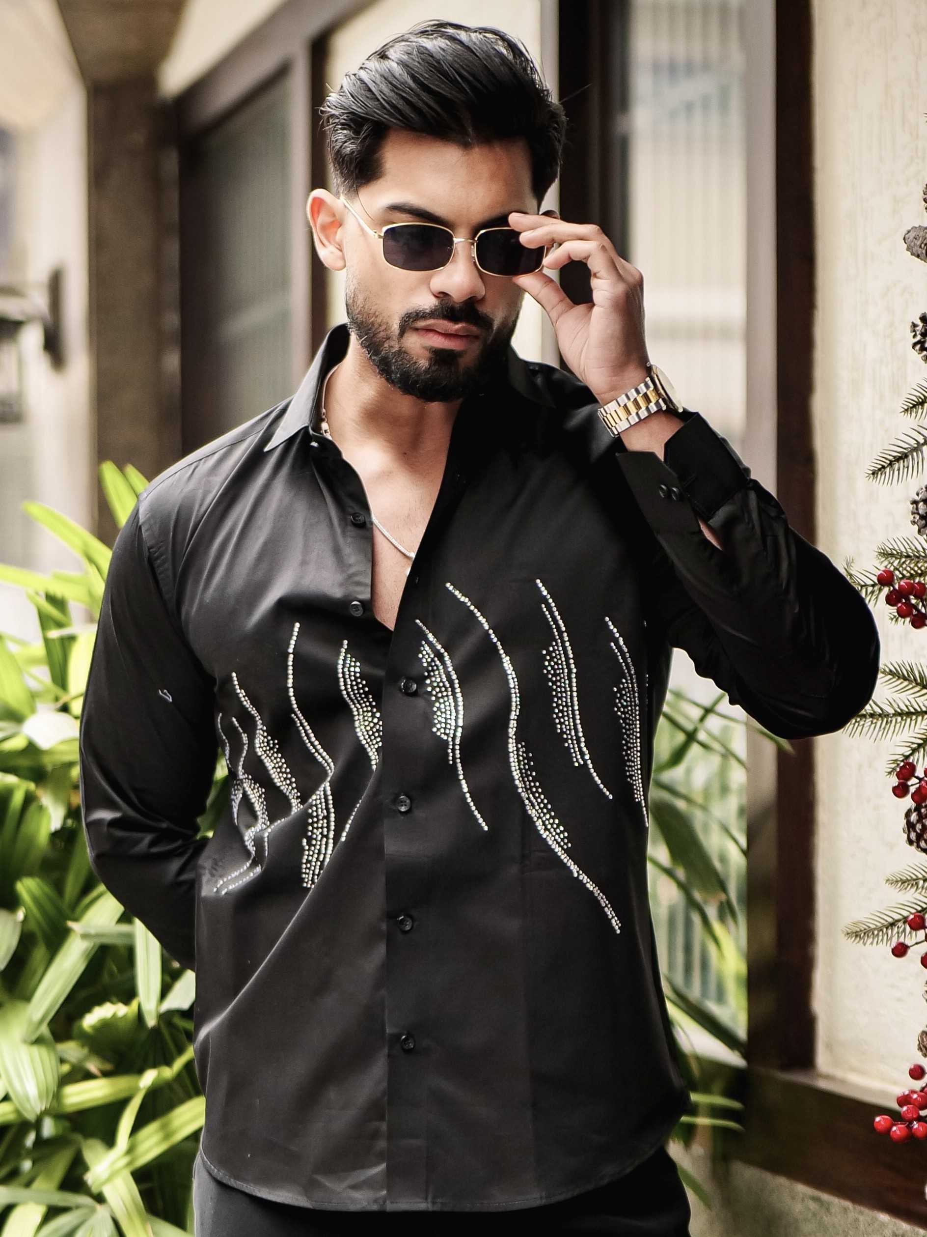 BLACK WAVE STARRY BEADED SATIN COTTON PREMIUM PARTY SHIRT - Image 6