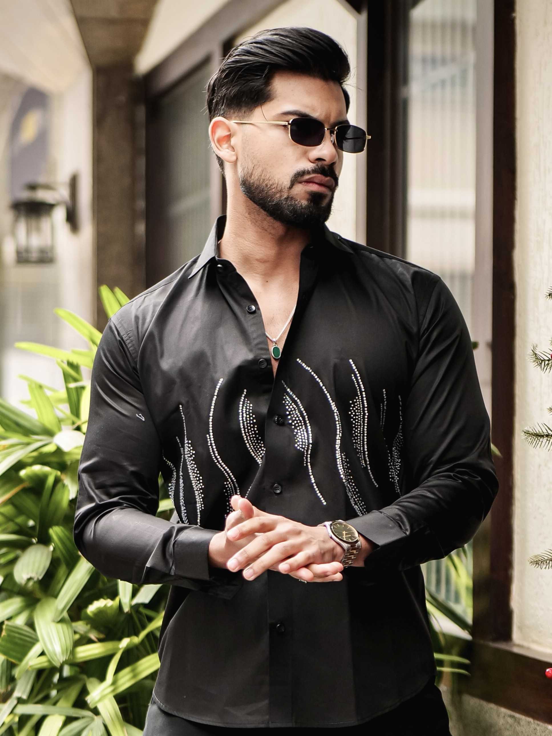 BLACK WAVE STARRY BEADED SATIN COTTON PREMIUM PARTY SHIRT - Image 7