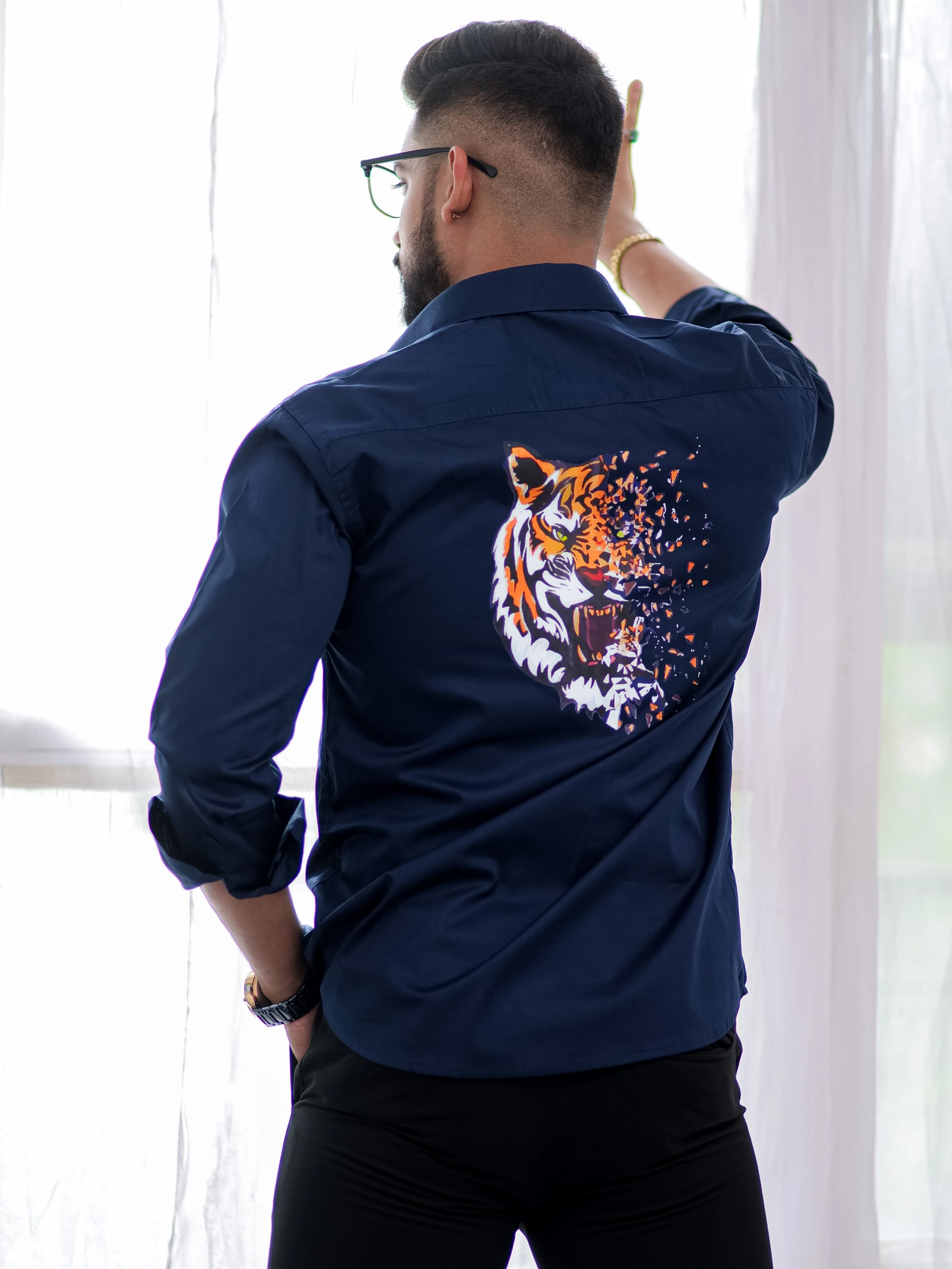 Blue Club Wear Printed Satin Cotton Shirt - Image 5