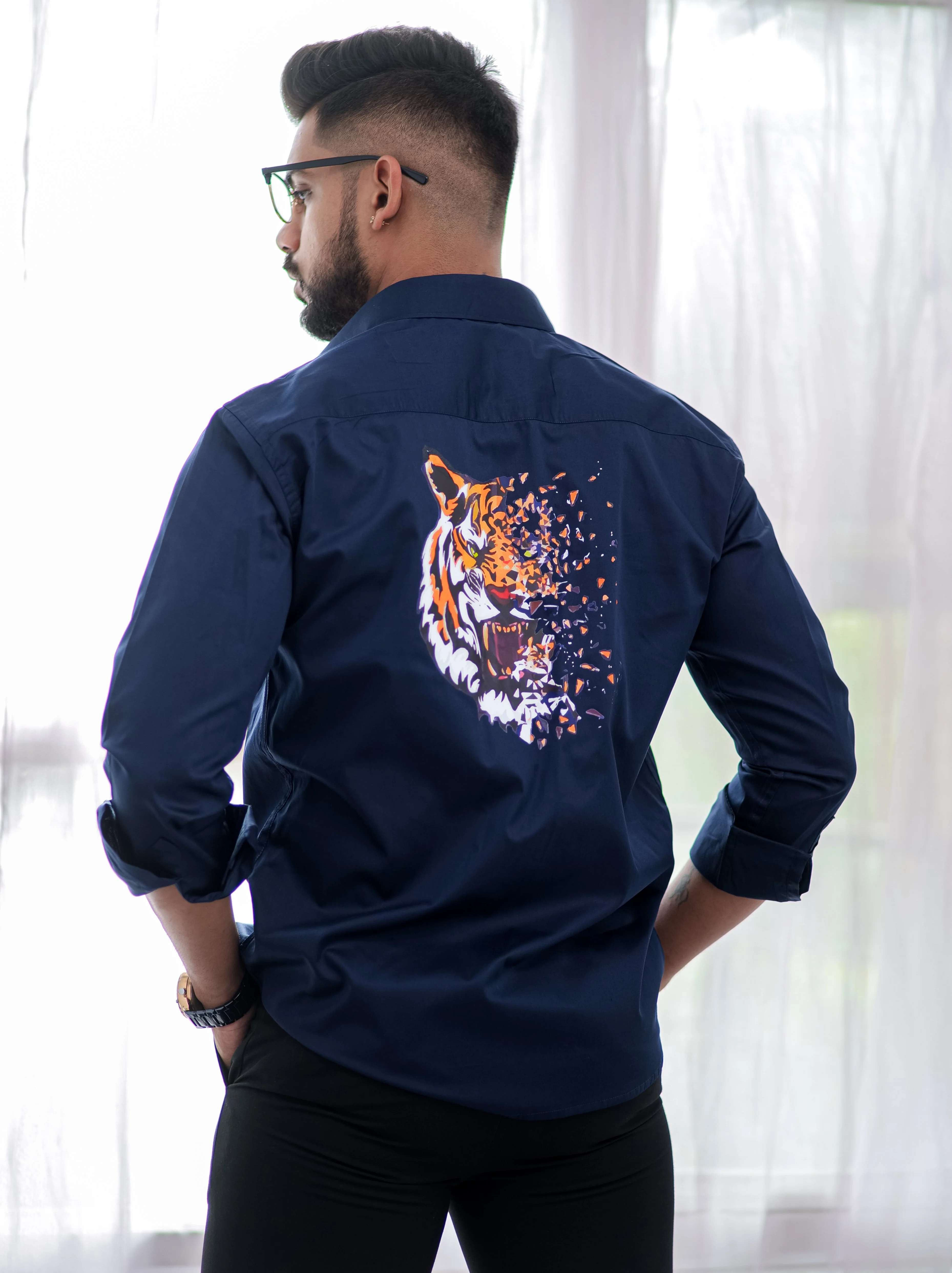 Blue Club Wear Printed Satin Cotton Shirt - Image 6
