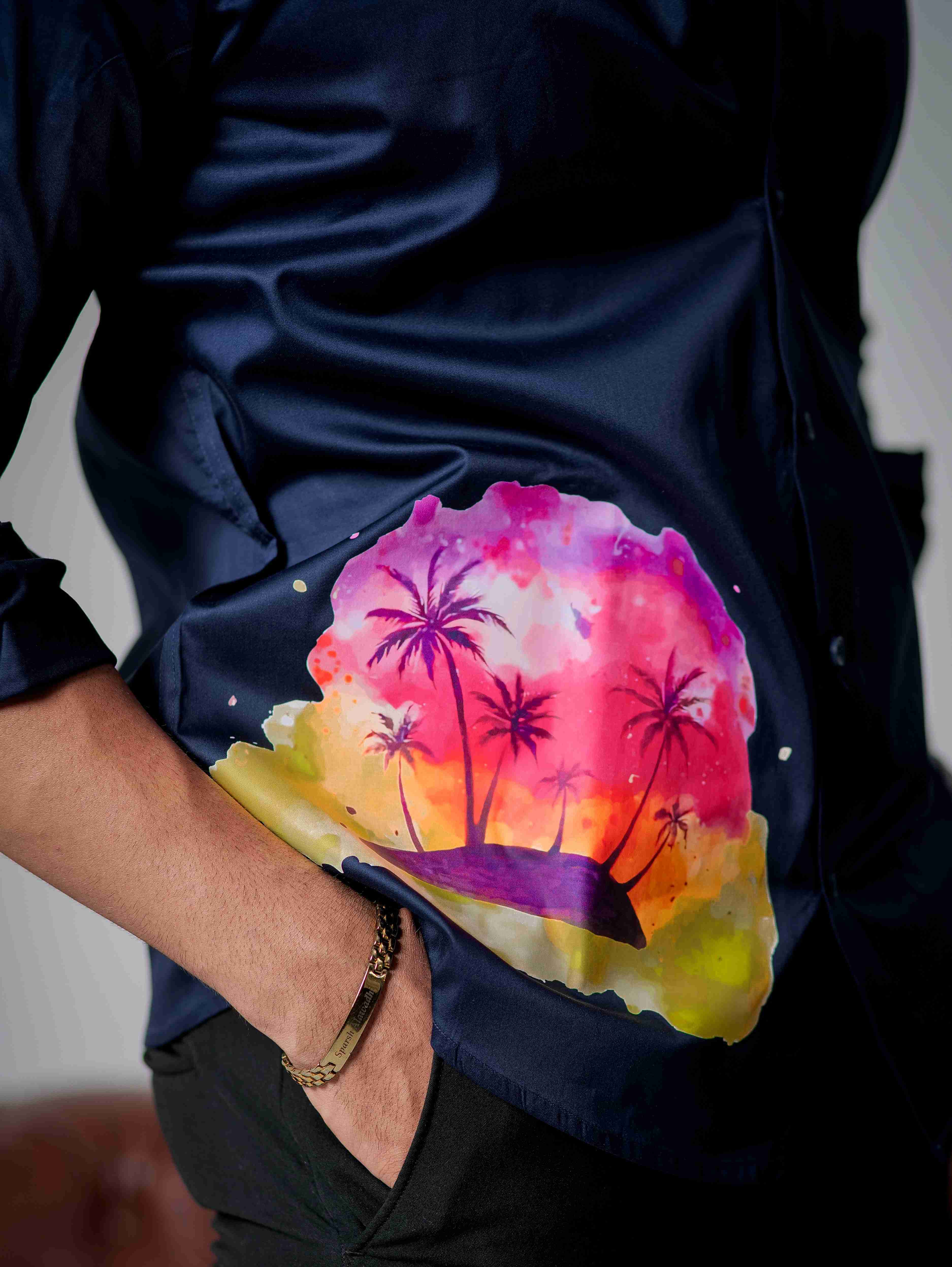 Blue Club Wear Printed Satin Cotton Shirt - Image 2